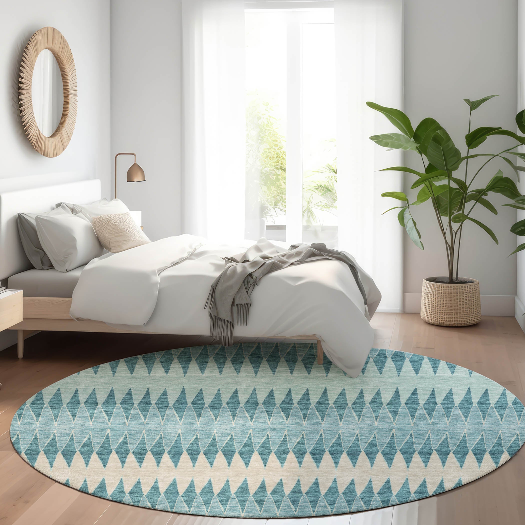 Bern Machine Washable Transitional Teal Rug 8' x 8' #shape_Round