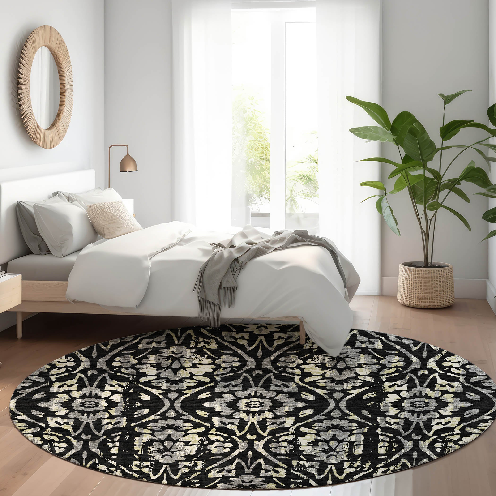 Cartagena Machine Washable Transitional Black Rug 8' x 8' #shape_Round