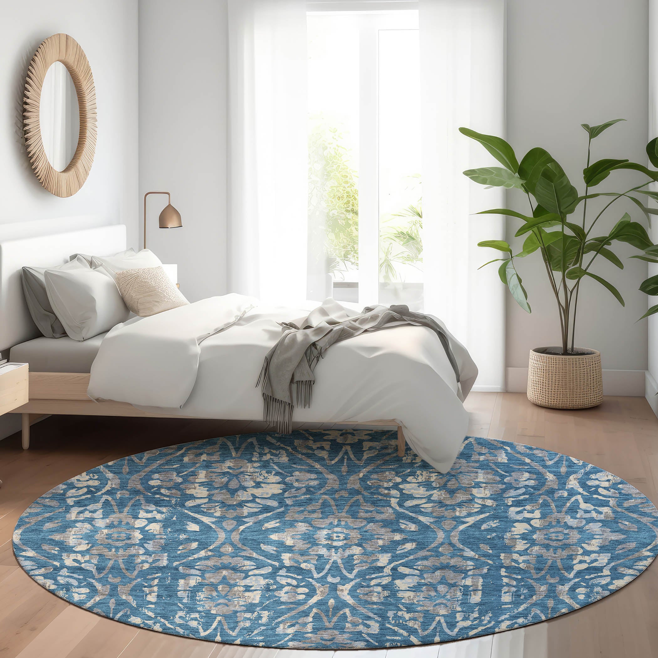 Cartagena Machine Washable Transitional Blue Rug 8' x 8' #shape_Round