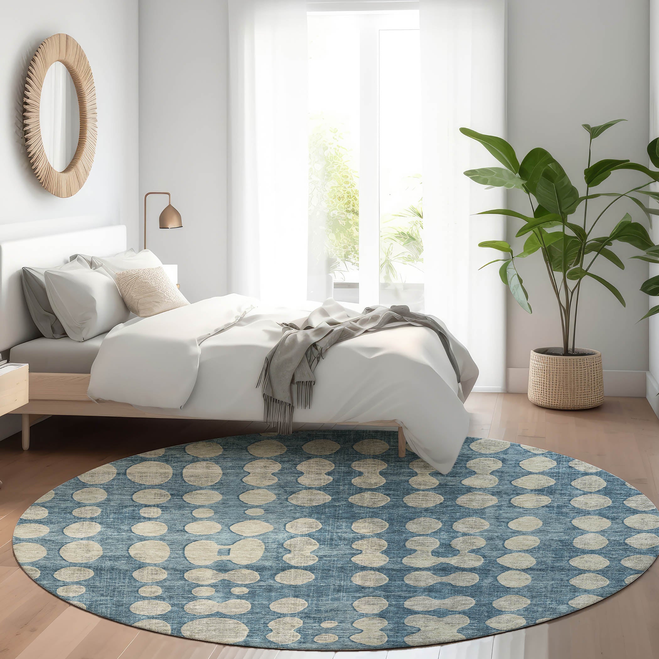 Budapest Machine Washable Transitional Denim Blue Rug 8' x 8' #shape_Round
