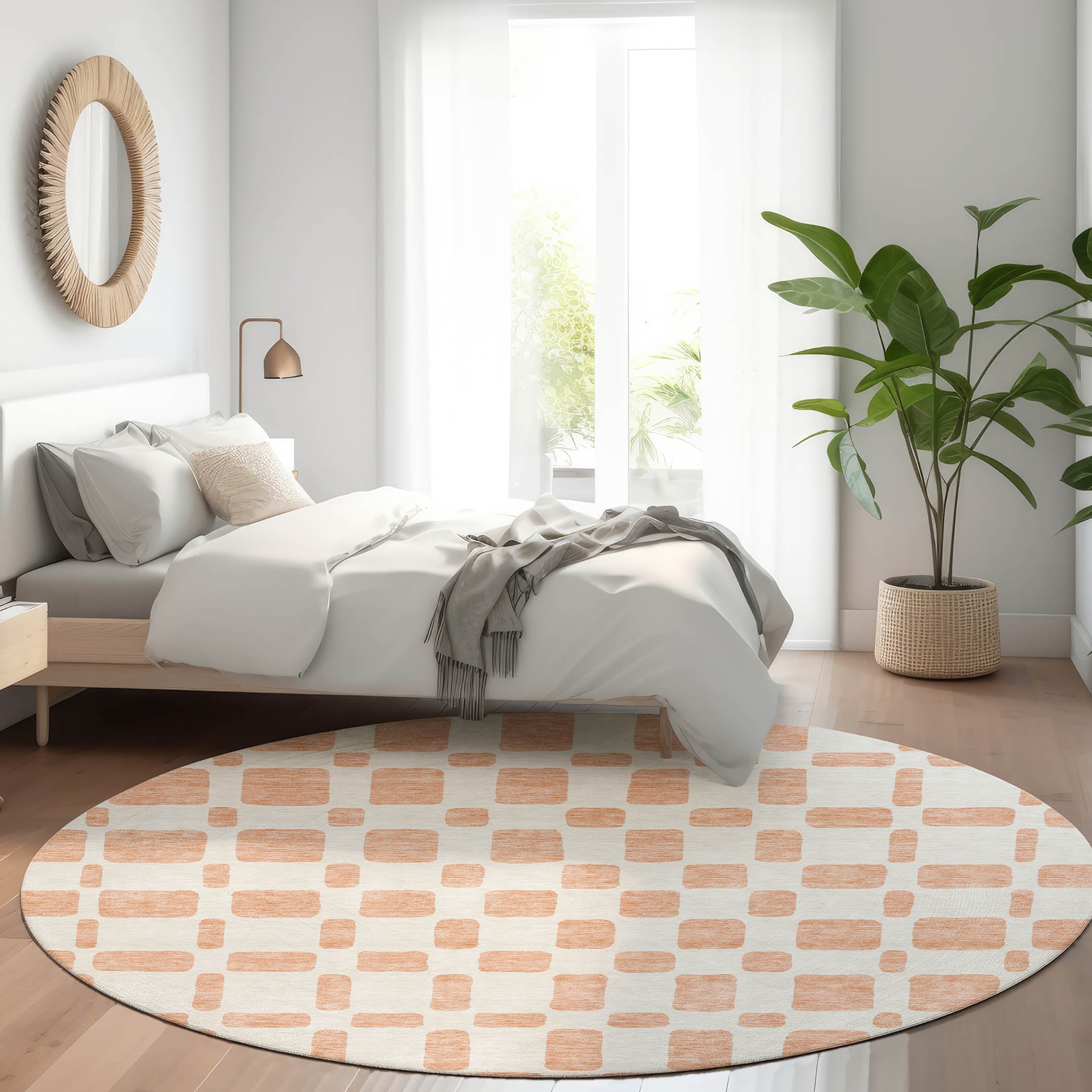 Athens Machine Washable Transitional Peach Orange Rug 8' x 8' #shape_Round