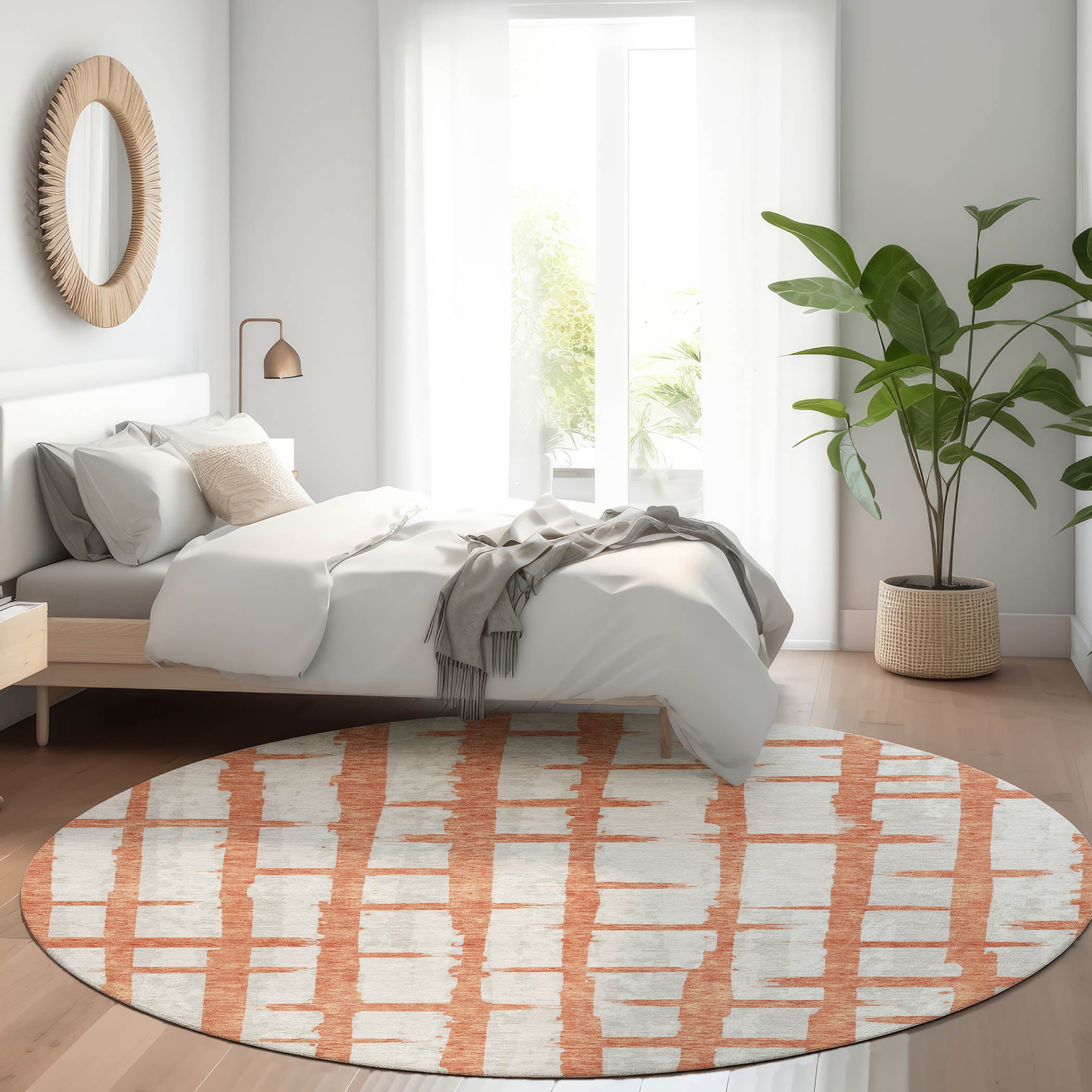 Siena Machine Washable Transitional Coral Orange Rug 8' x 8' #shape_Round