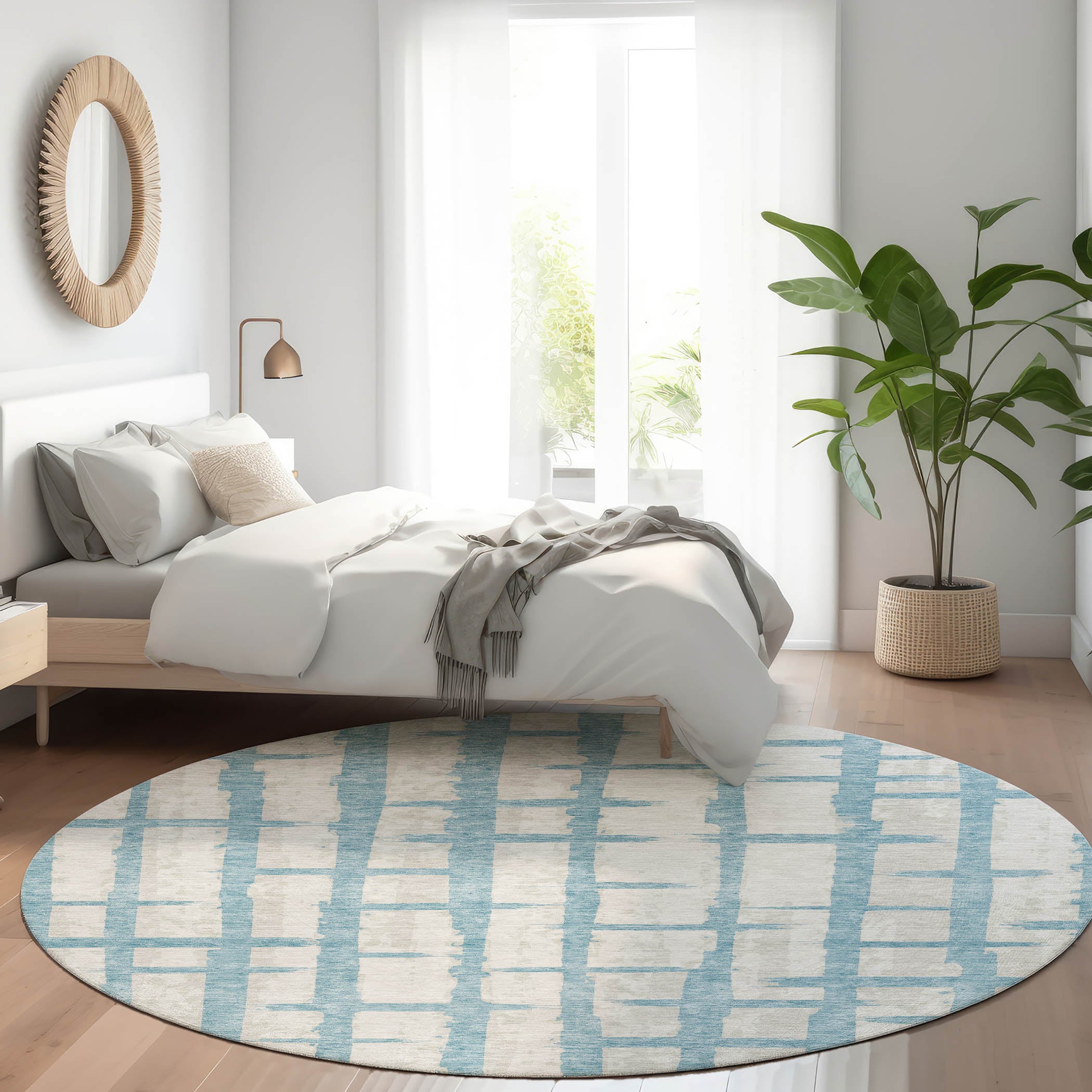 Siena Machine Washable Transitional Sky Blue Rug 8' x 8' #shape_Round