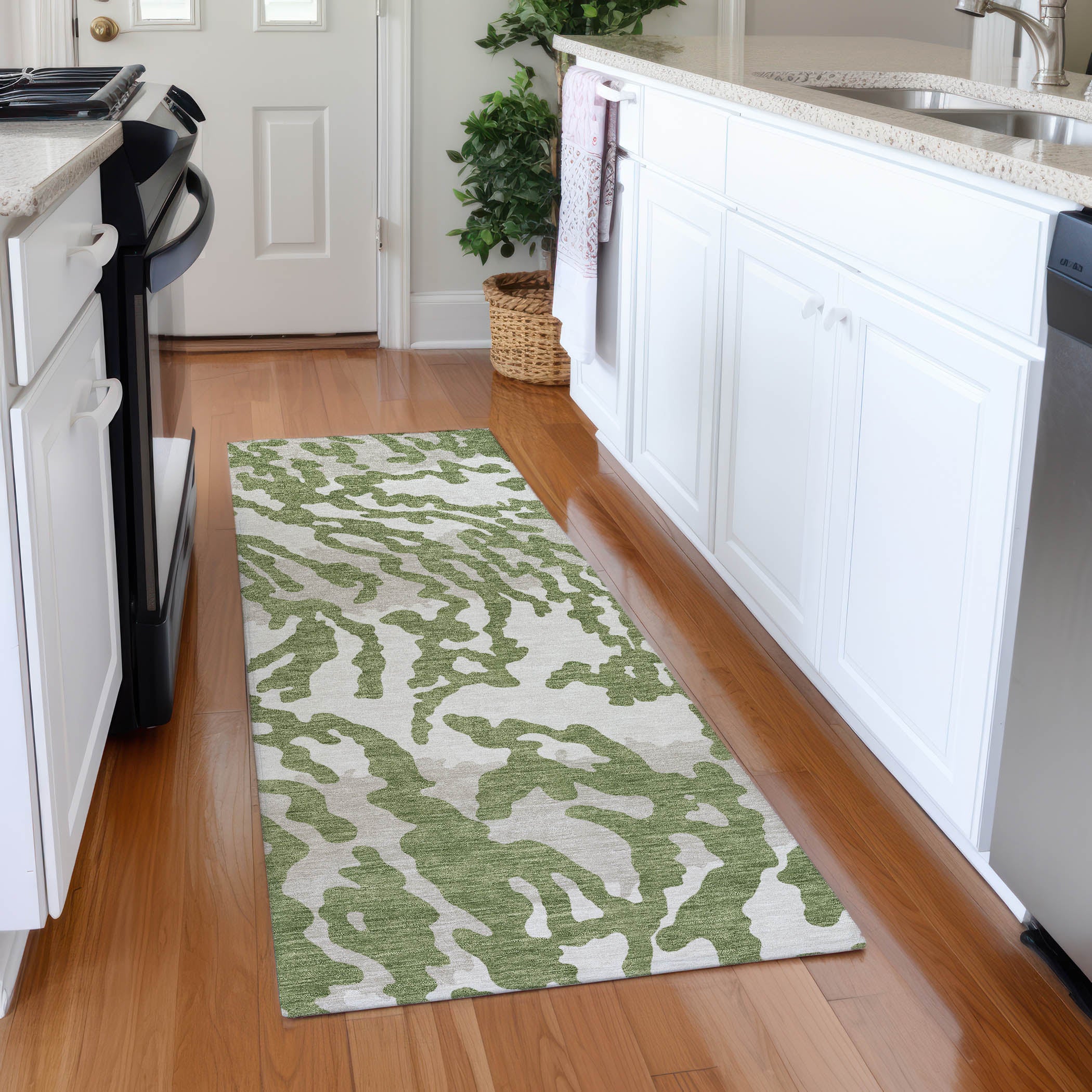 Baku Machine Washable Transitional Green Rug 2'3" x 7'6" #shape_Runner