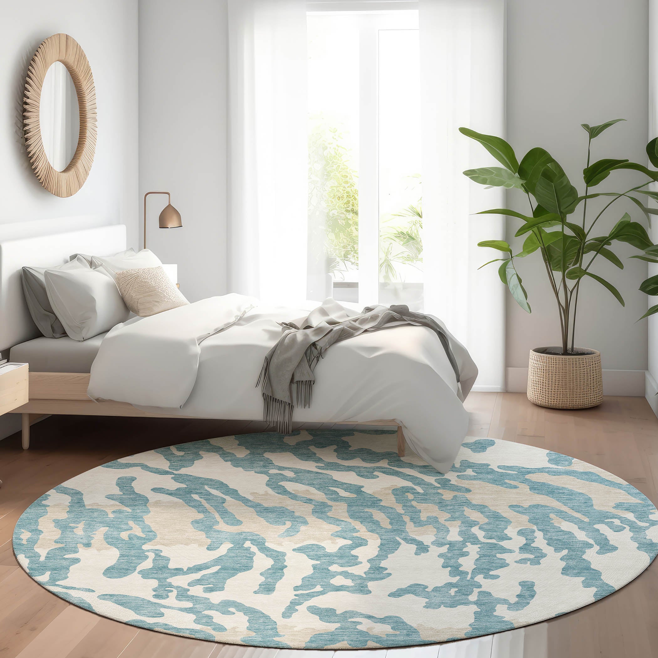 Baku Machine Washable Transitional Teal Rug 8' x 8' #shape_Round