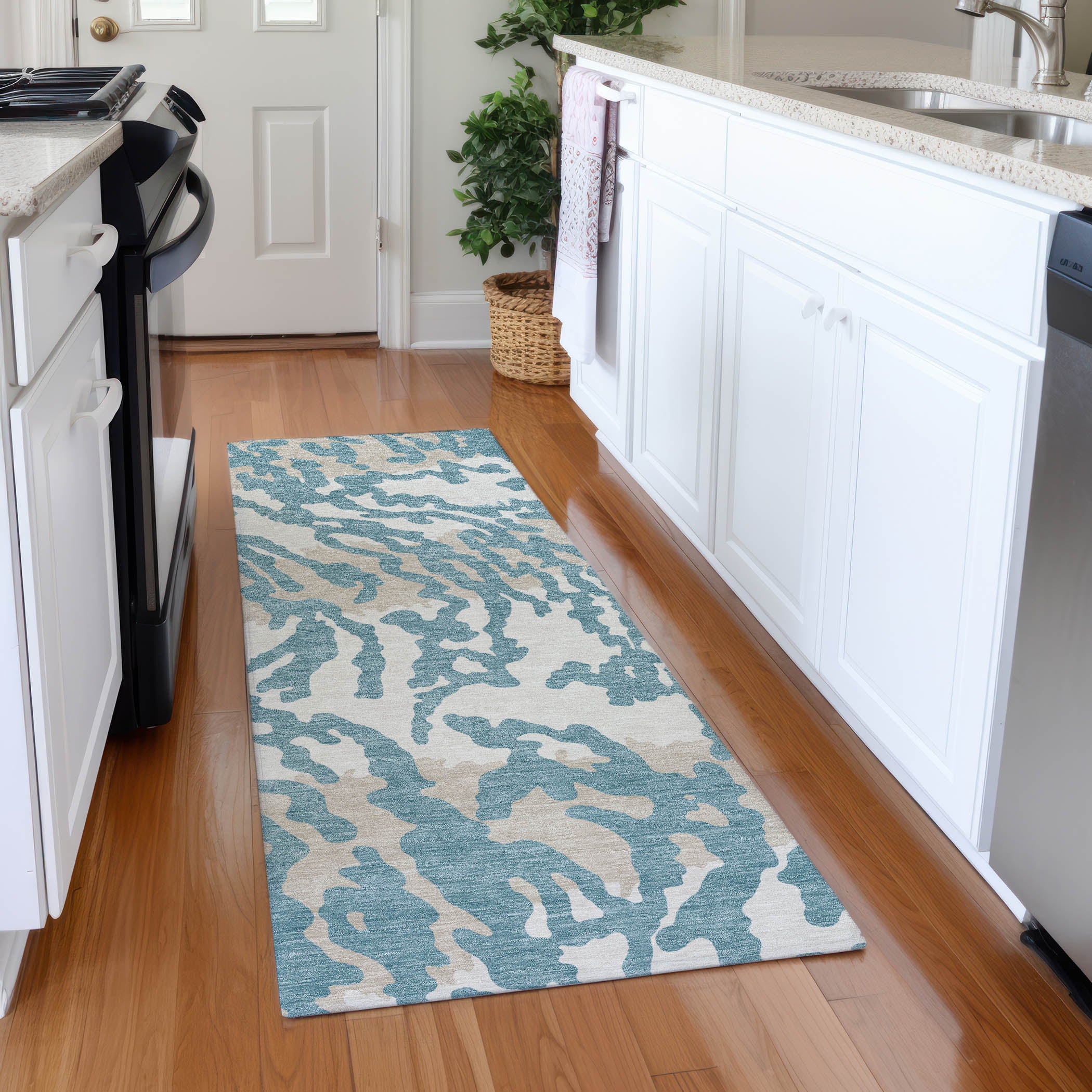 Baku Machine Washable Transitional Teal Rug 2'3" x 7'6" #shape_Runner
