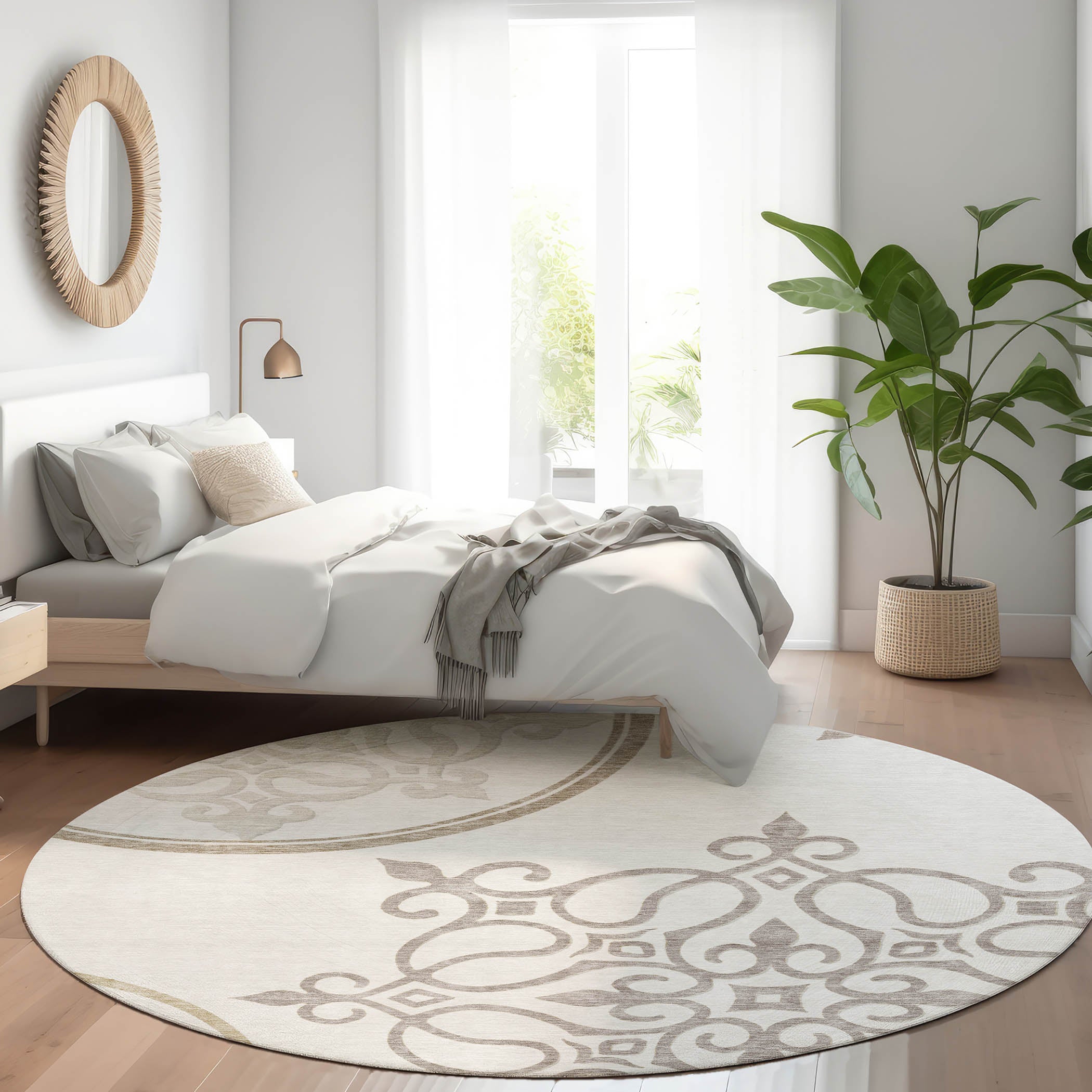 Kathmandu Machine Washable Transitional Ivory Rug 8' x 8' #shape_Round