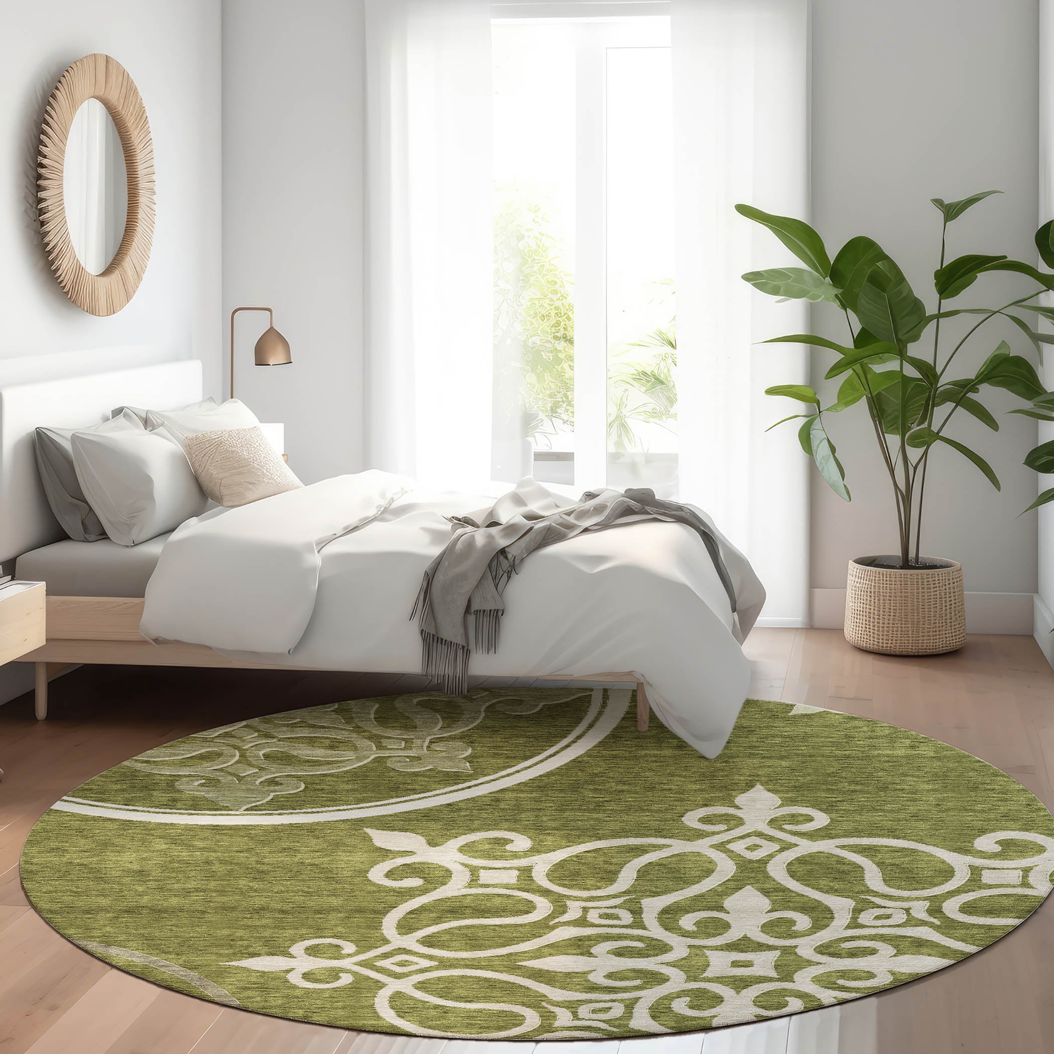 Kathmandu Machine Washable Transitional Olive Green Rug 8' x 8' #shape_Round