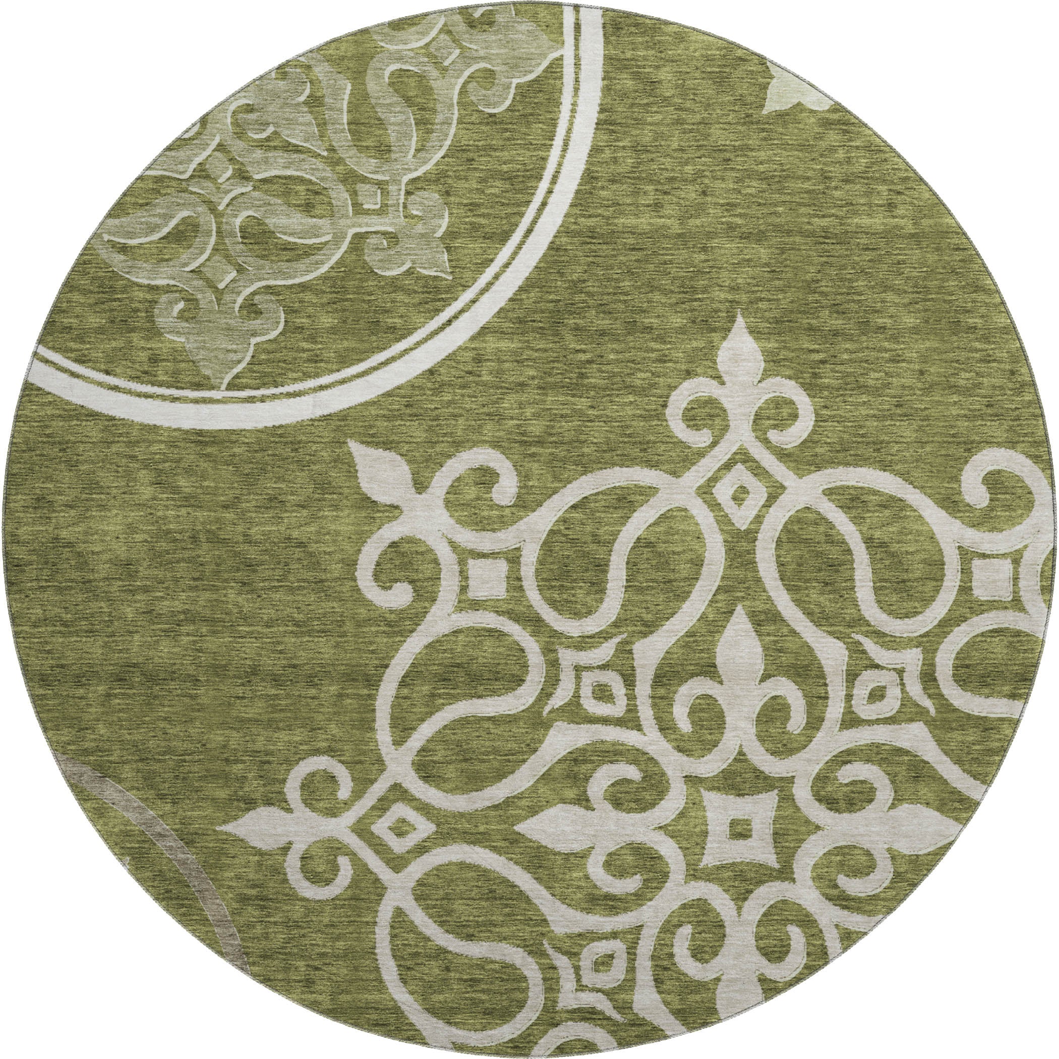 Kathmandu Machine Washable Transitional Olive Green Rug 8' x 8' #shape_Round