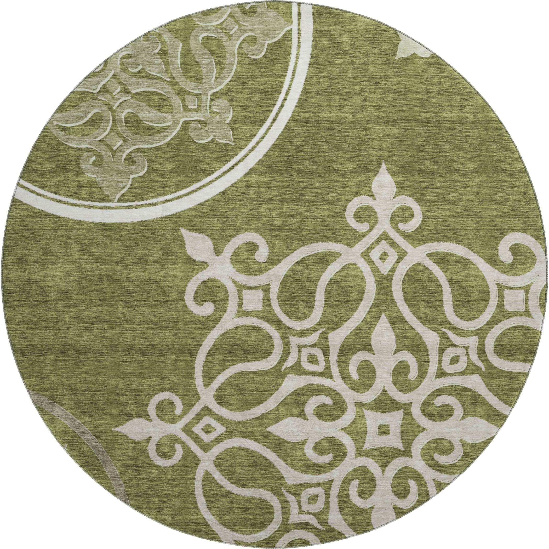 Kathmandu Machine Washable Transitional Olive Green Rug 8' x 8' #shape_Round