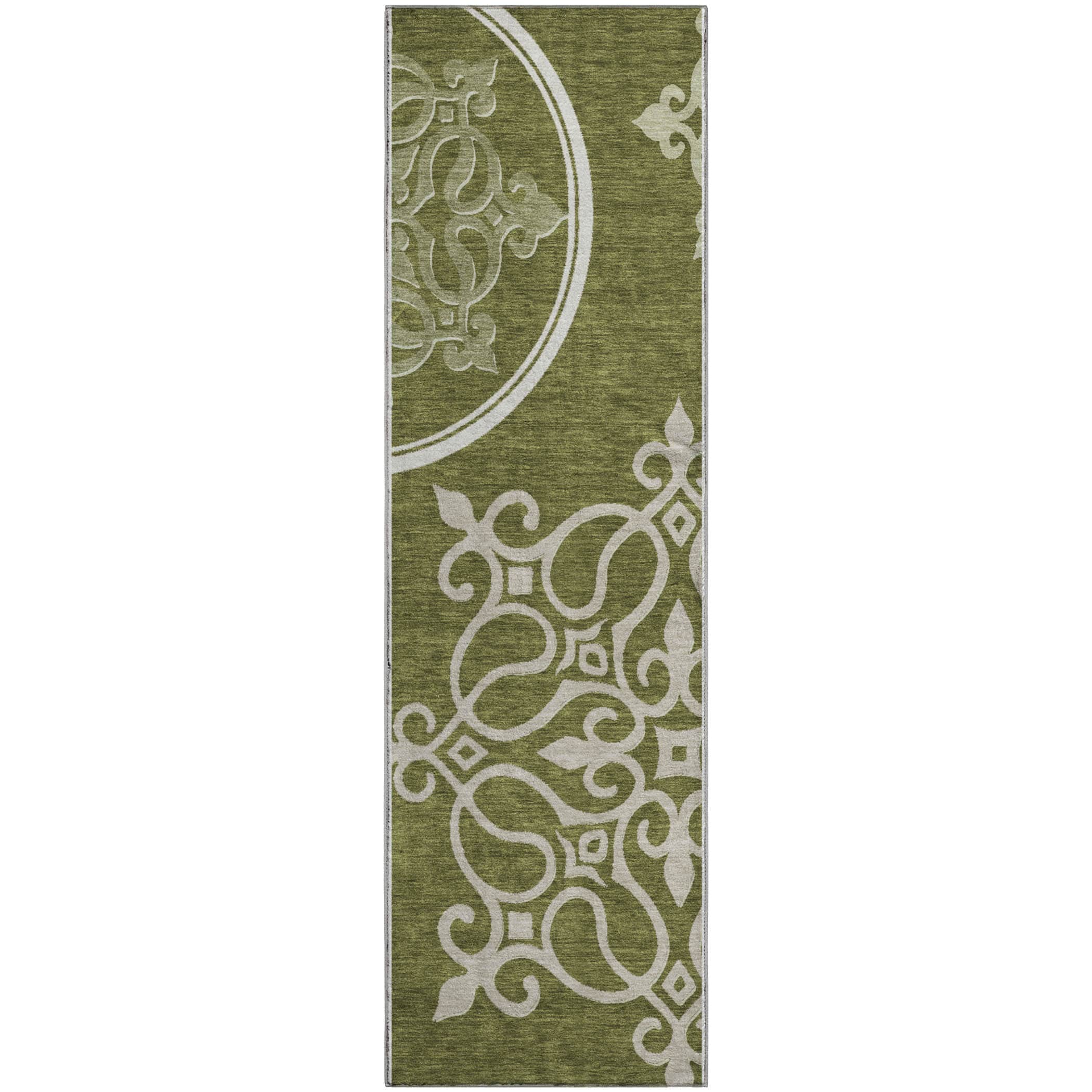 Kathmandu Machine Washable Transitional Olive Green Rug 2'3" x 7'6" #shape_Runner
