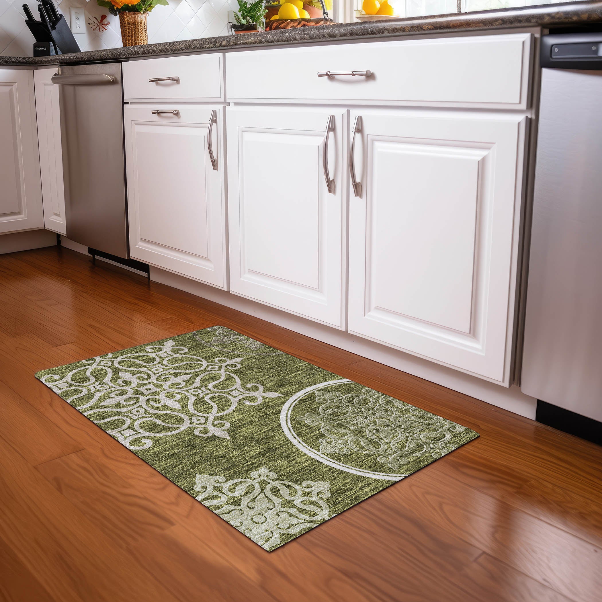 Kathmandu Machine Washable Transitional Olive Green Rug 1'8" x 2'6" #shape_Rectangle