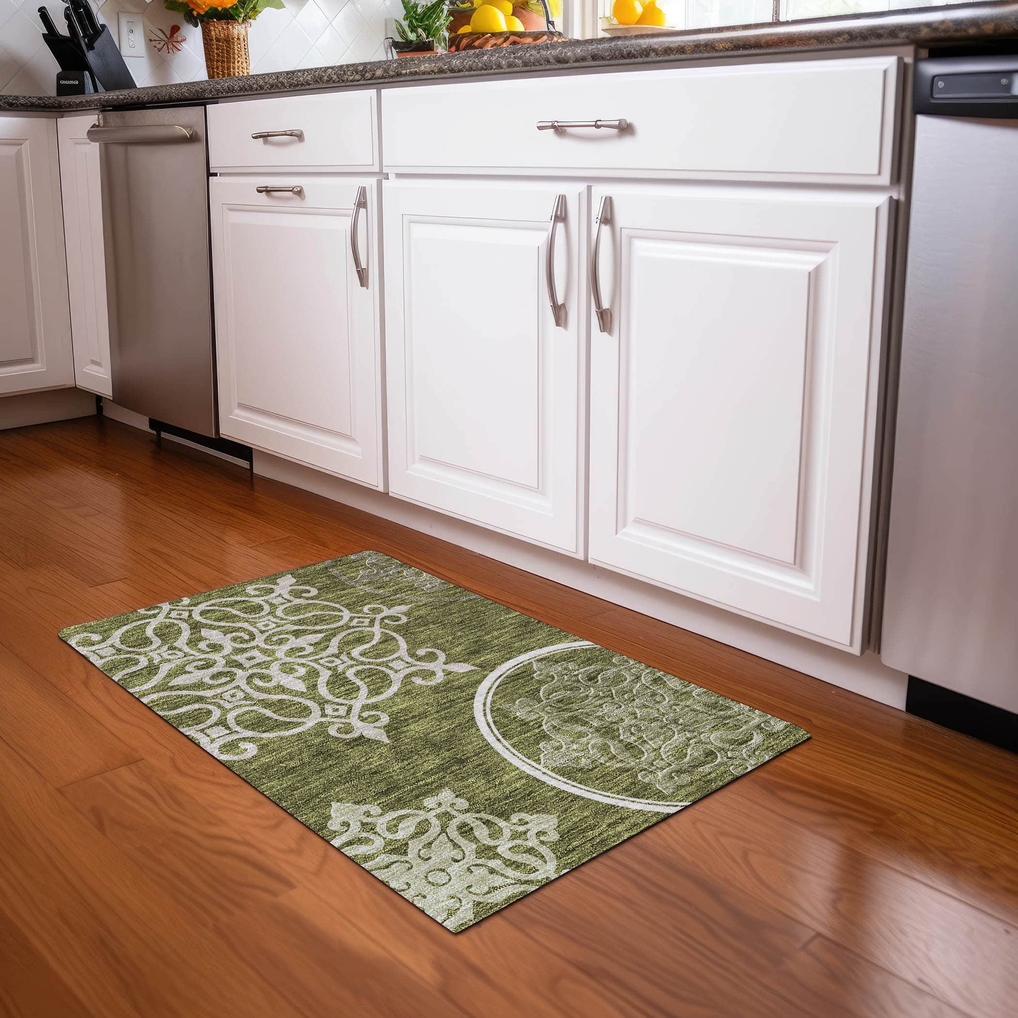 Kathmandu Machine Washable Transitional Olive Green Rug 1'8" x 2'6" #shape_Rectangle