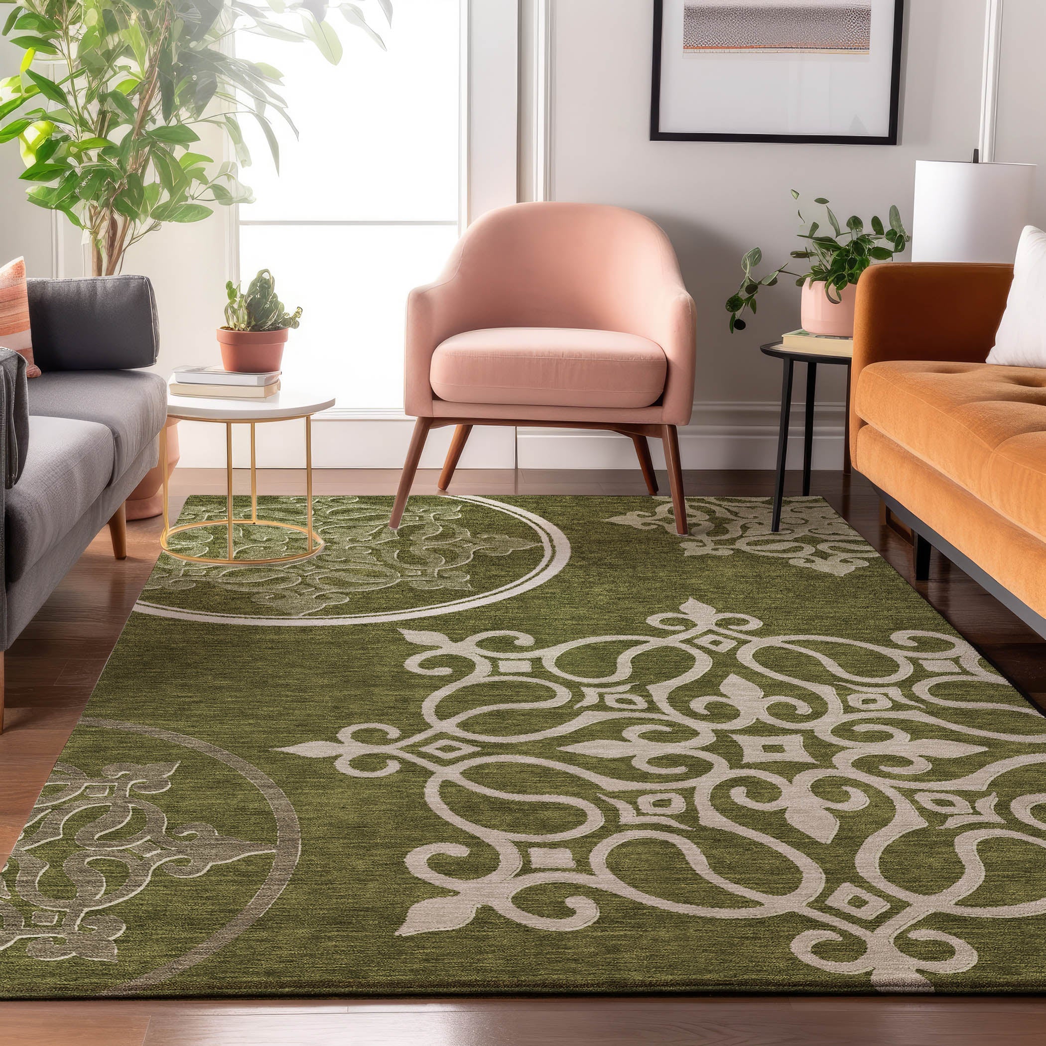Kathmandu Machine Washable Transitional Olive Green Rug 2'6" x 3'10" #shape_Rectangle