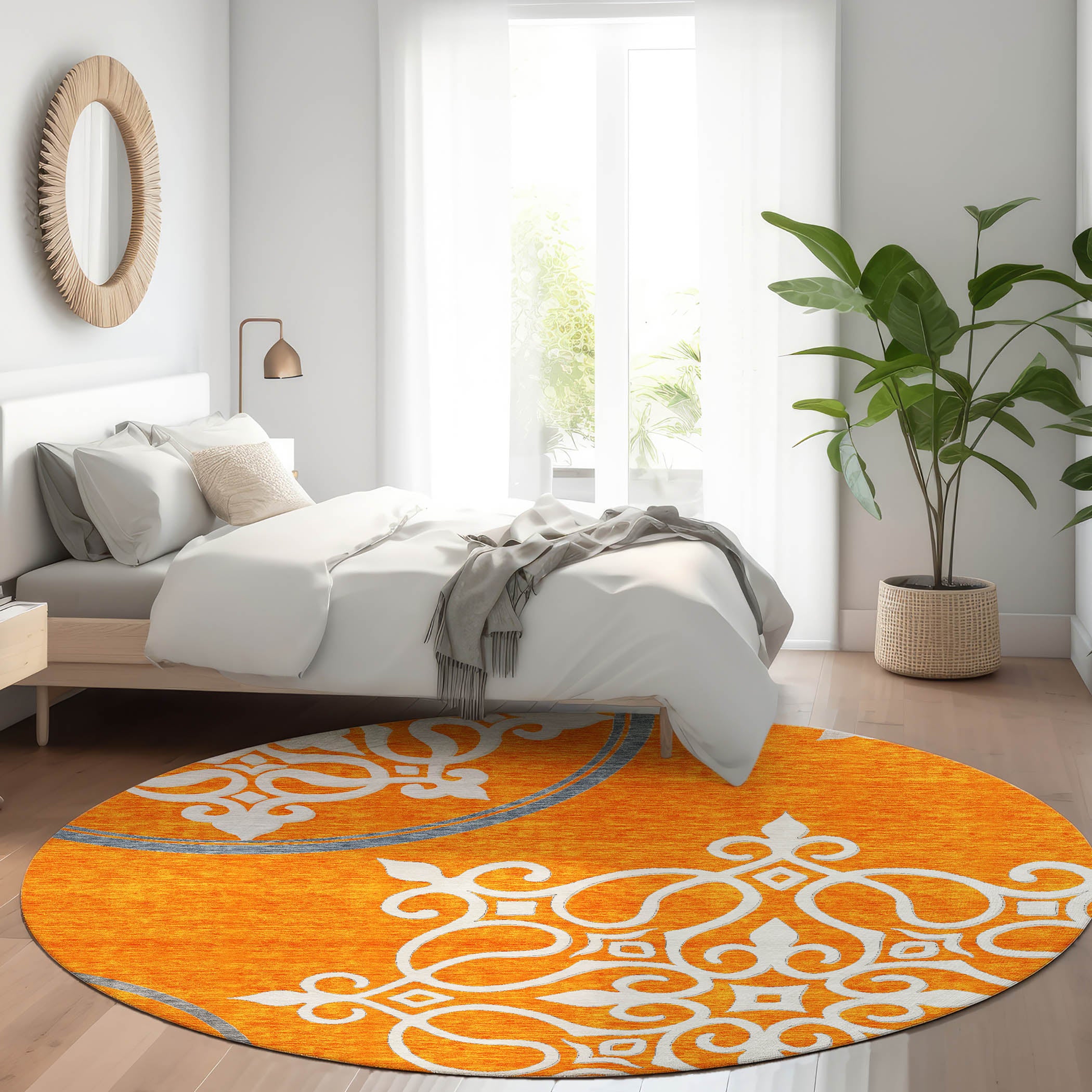 Kathmandu Machine Washable Transitional Orange Rug 8' x 8' #shape_Round
