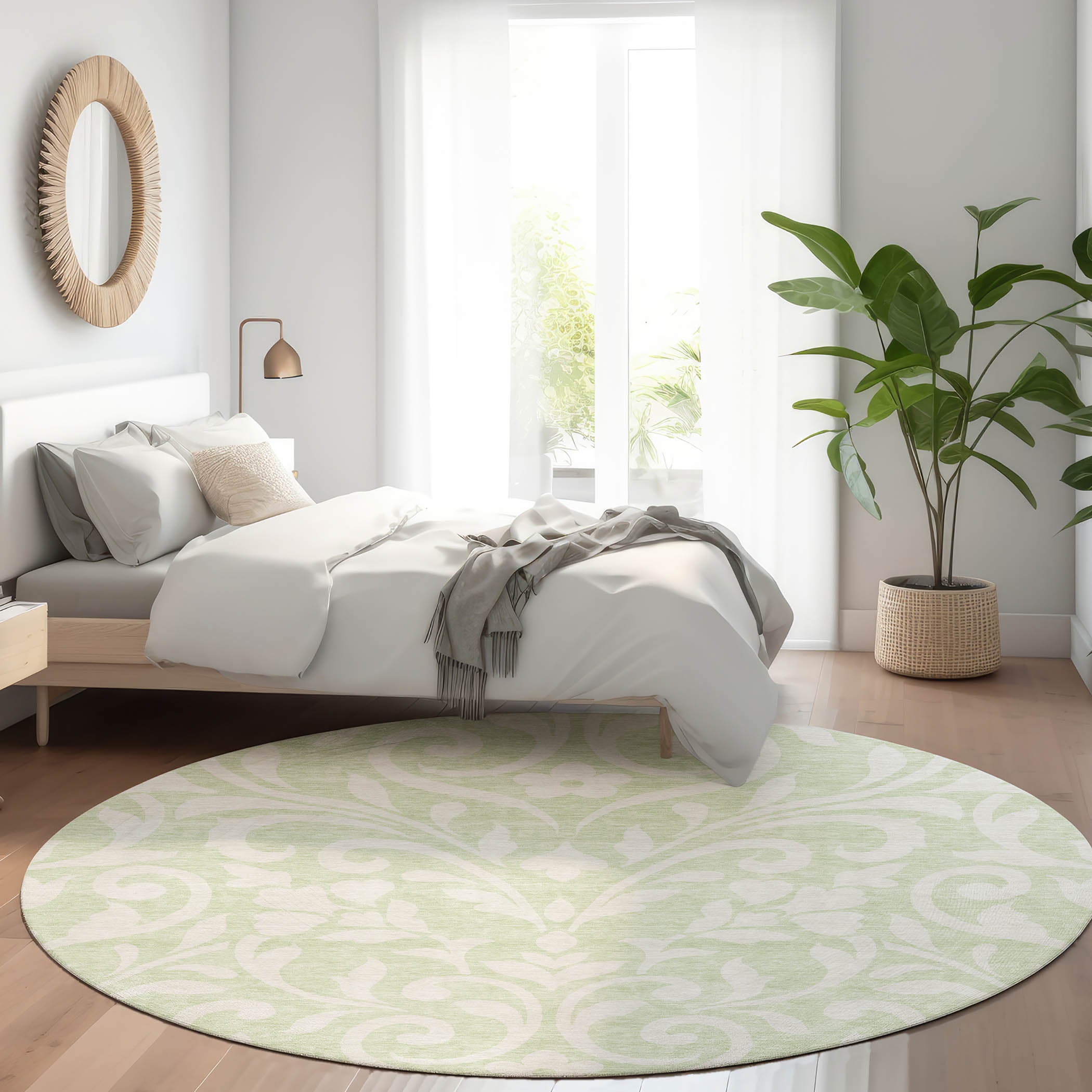 Montevideo Machine Washable Transitional Aloe Green Rug 8' x 8' #shape_Round