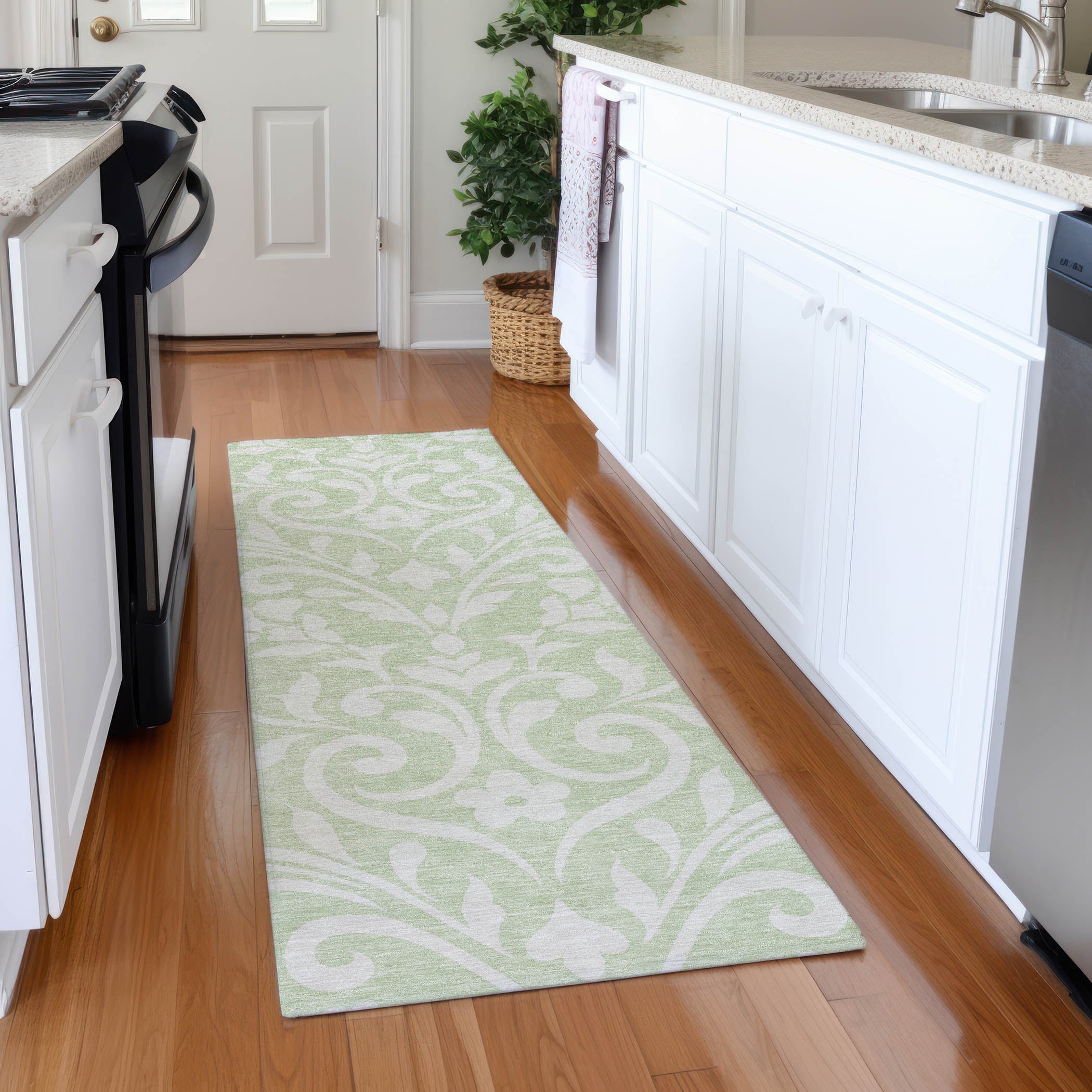 Montevideo Machine Washable Transitional Aloe Green Rug 2'3" x 7'6" #shape_Runner