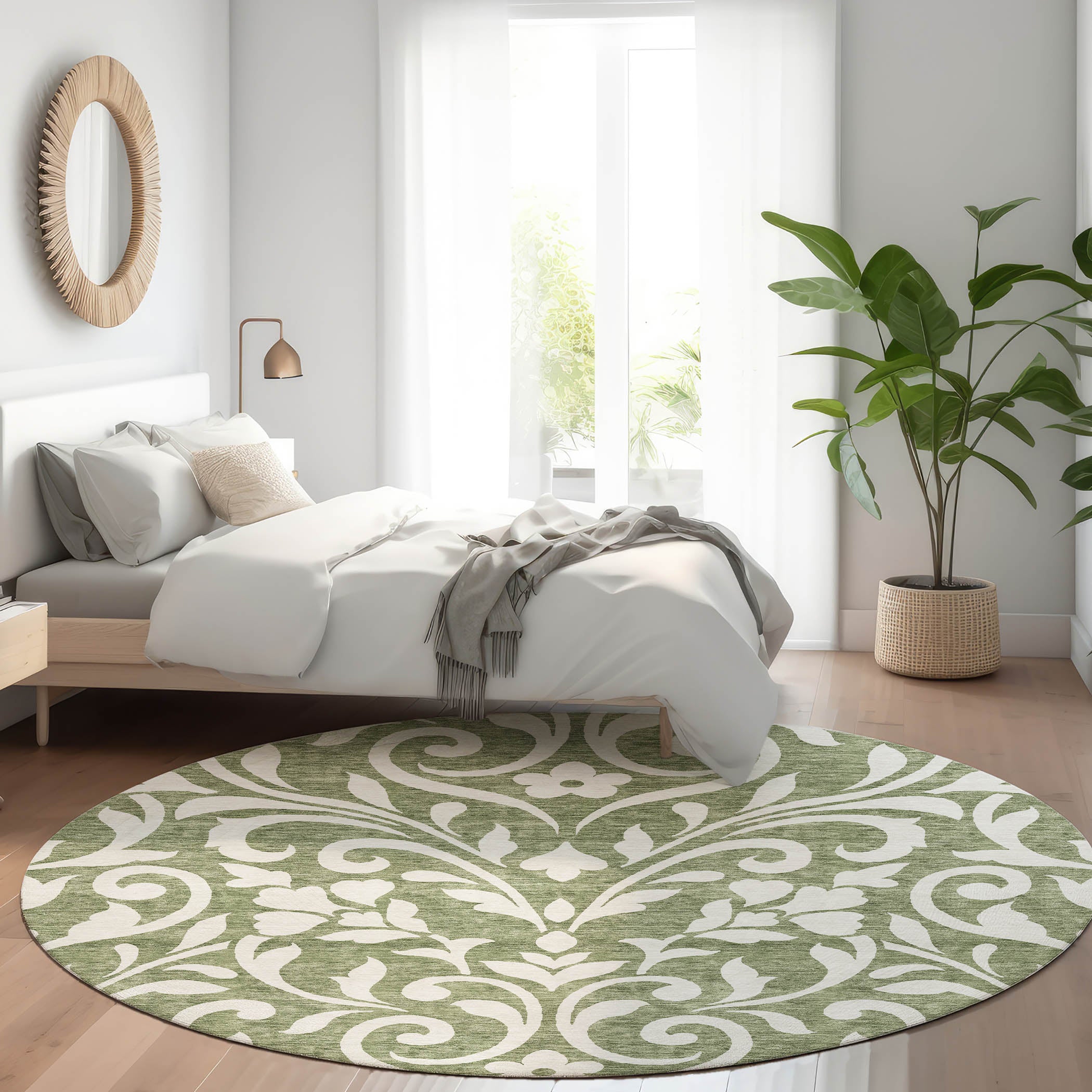 Montevideo Machine Washable Transitional Fern Green Rug 8' x 8' #shape_Round
