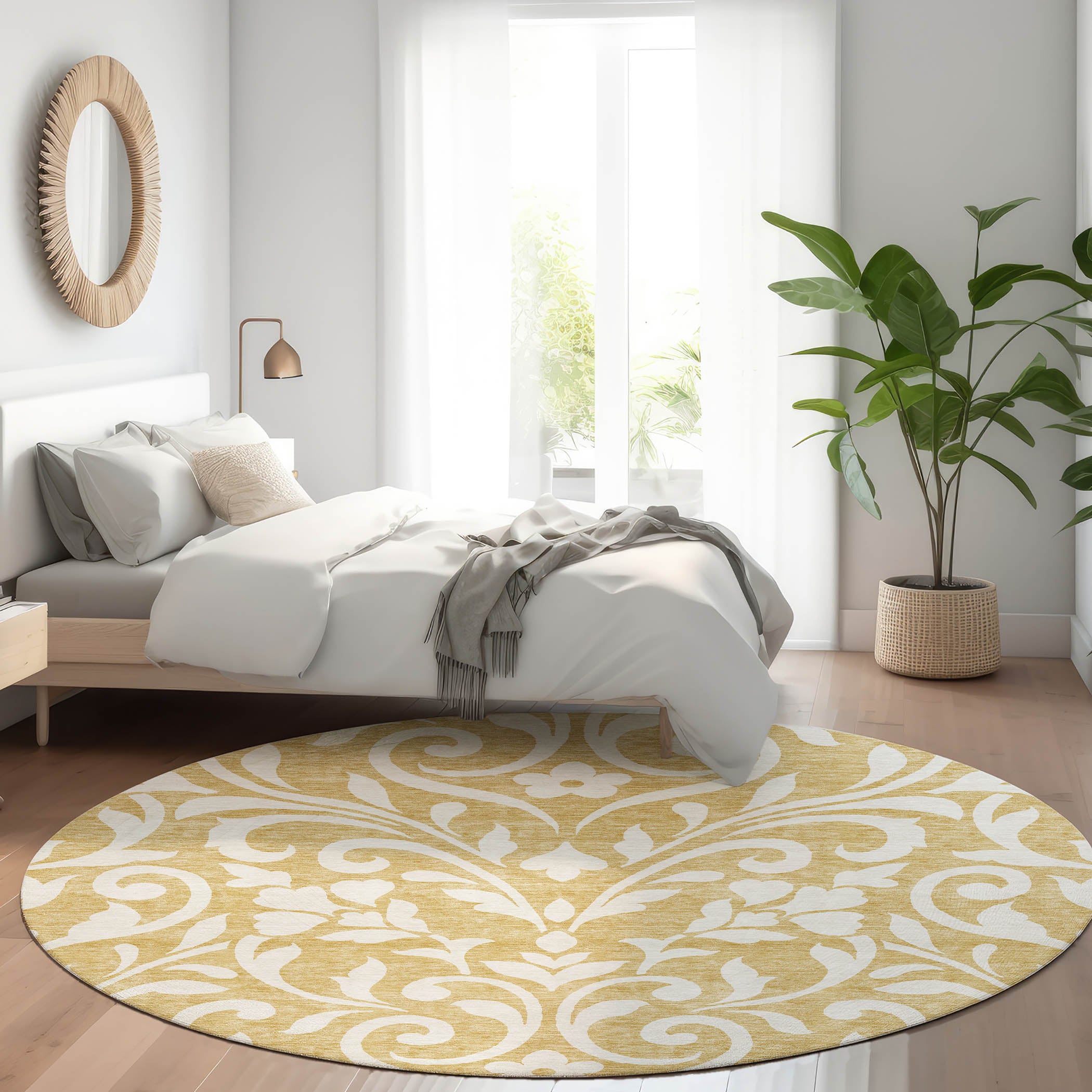 Montevideo Machine Washable Transitional Gold Rug 8' x 8' #shape_Round