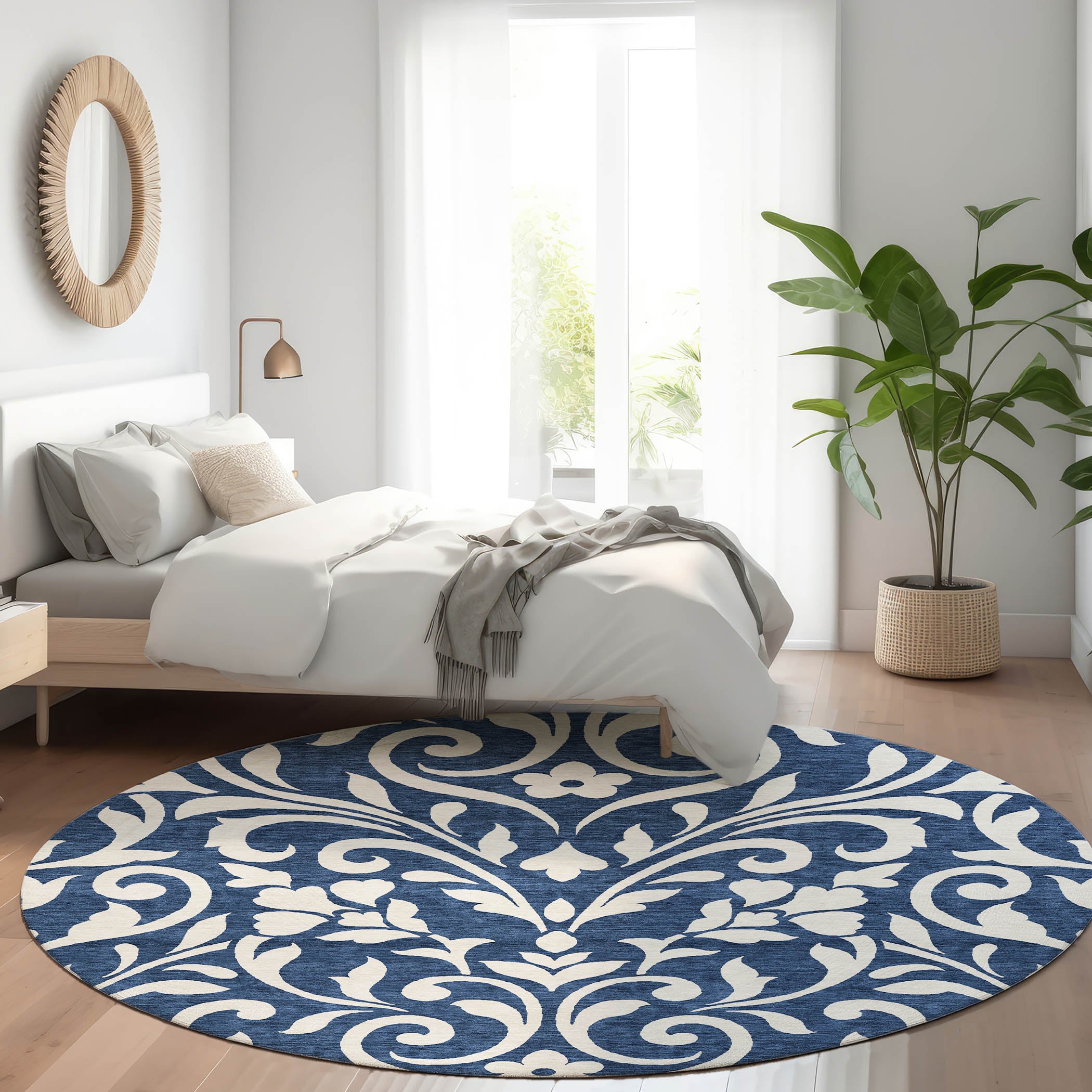 Montevideo Machine Washable Transitional Navy Blue Rug 8' x 8' #shape_Round