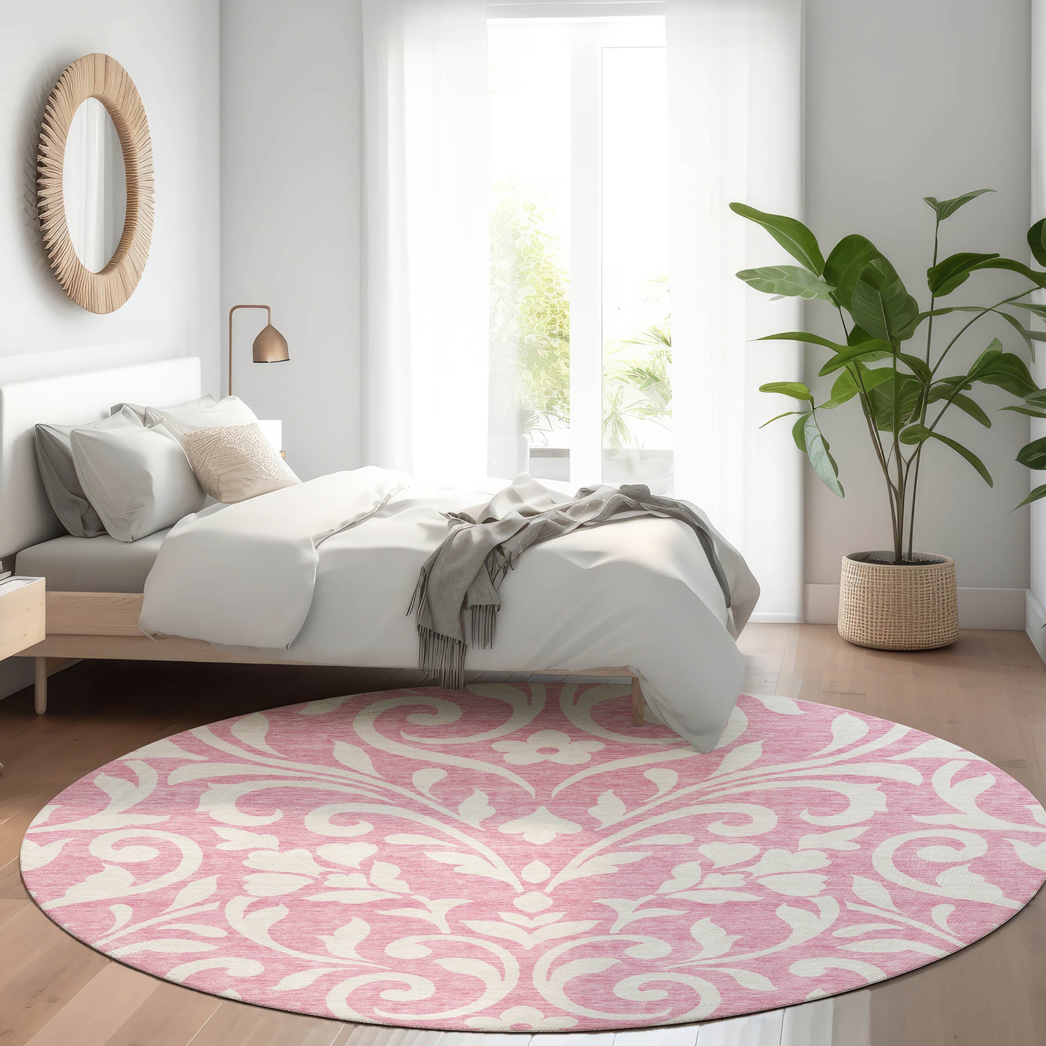 Montevideo Machine Washable Transitional Pink Rug 8' x 8' #shape_Round