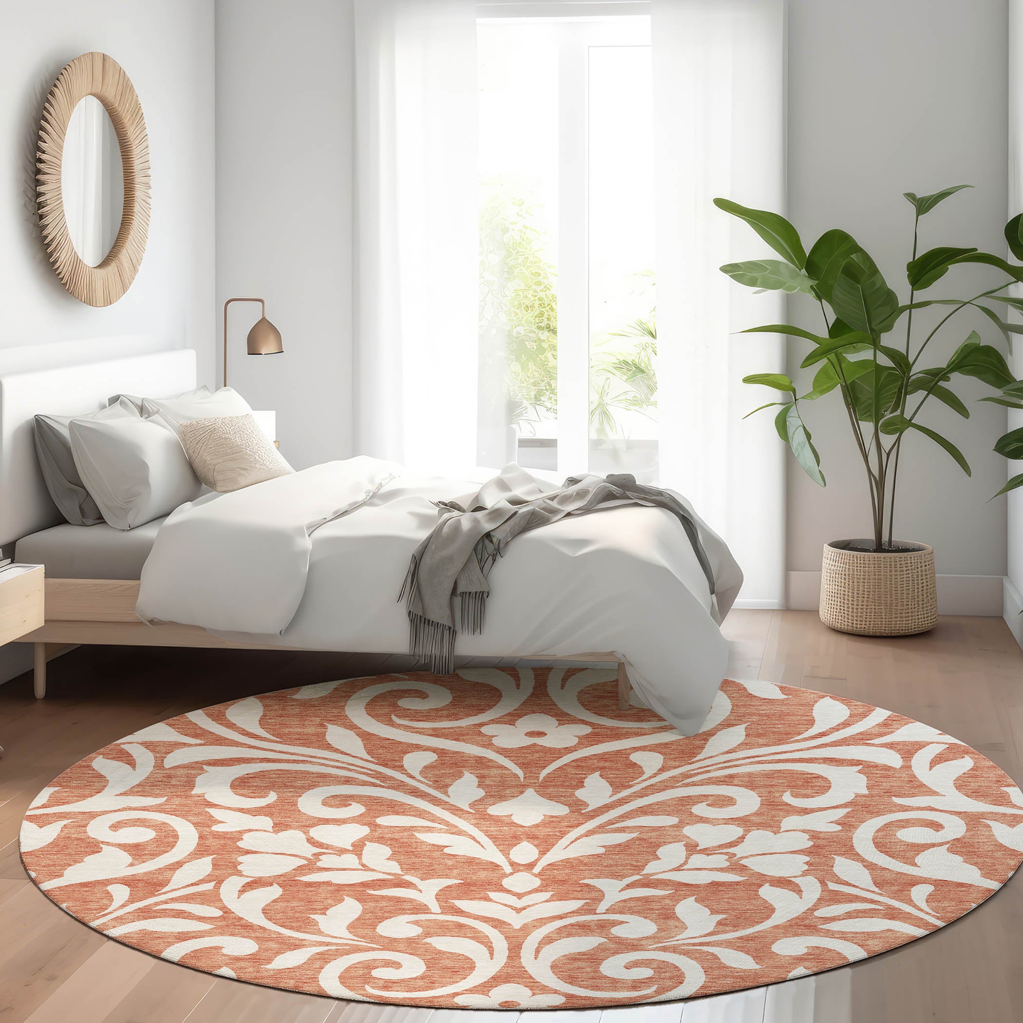 Montevideo Machine Washable Transitional Salmon Orange Rug 8' x 8' #shape_Round