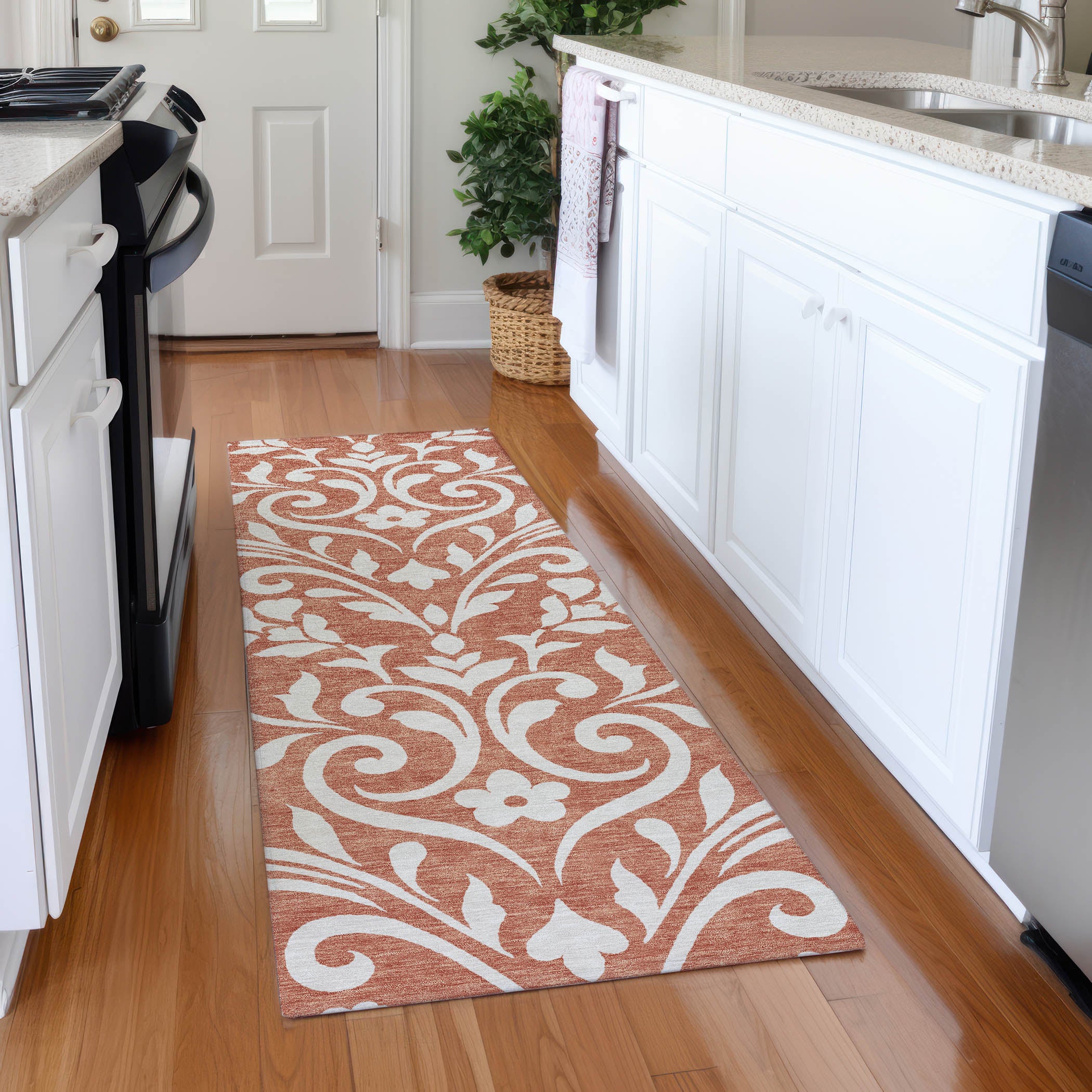 Montevideo Machine Washable Transitional Salmon Orange Rug 2'3" x 7'6" #shape_Runner