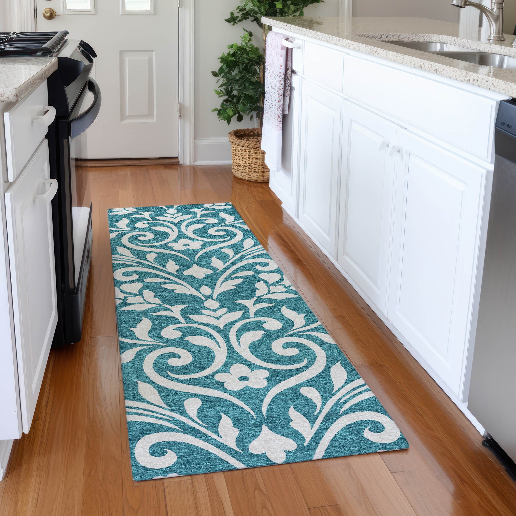 Montevideo Machine Washable Transitional Teal Rug 2'3" x 7'6" #shape_Runner