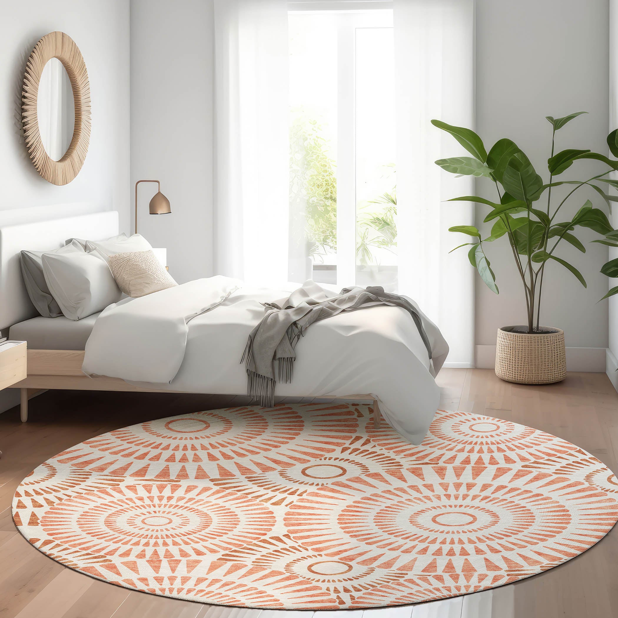 Oslo Machine Washable Transitional Coral Orange Rug 8' x 8' #shape_Round