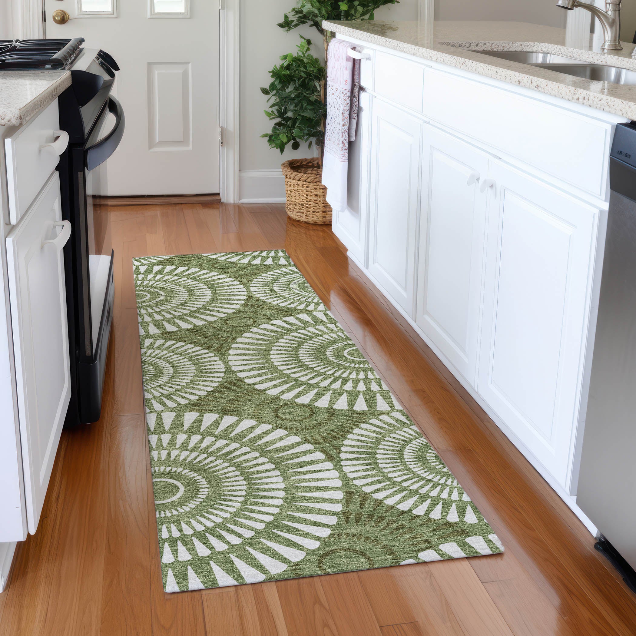 Oslo Machine Washable Transitional Green Rug 2'3" x 7'6" #shape_Runner