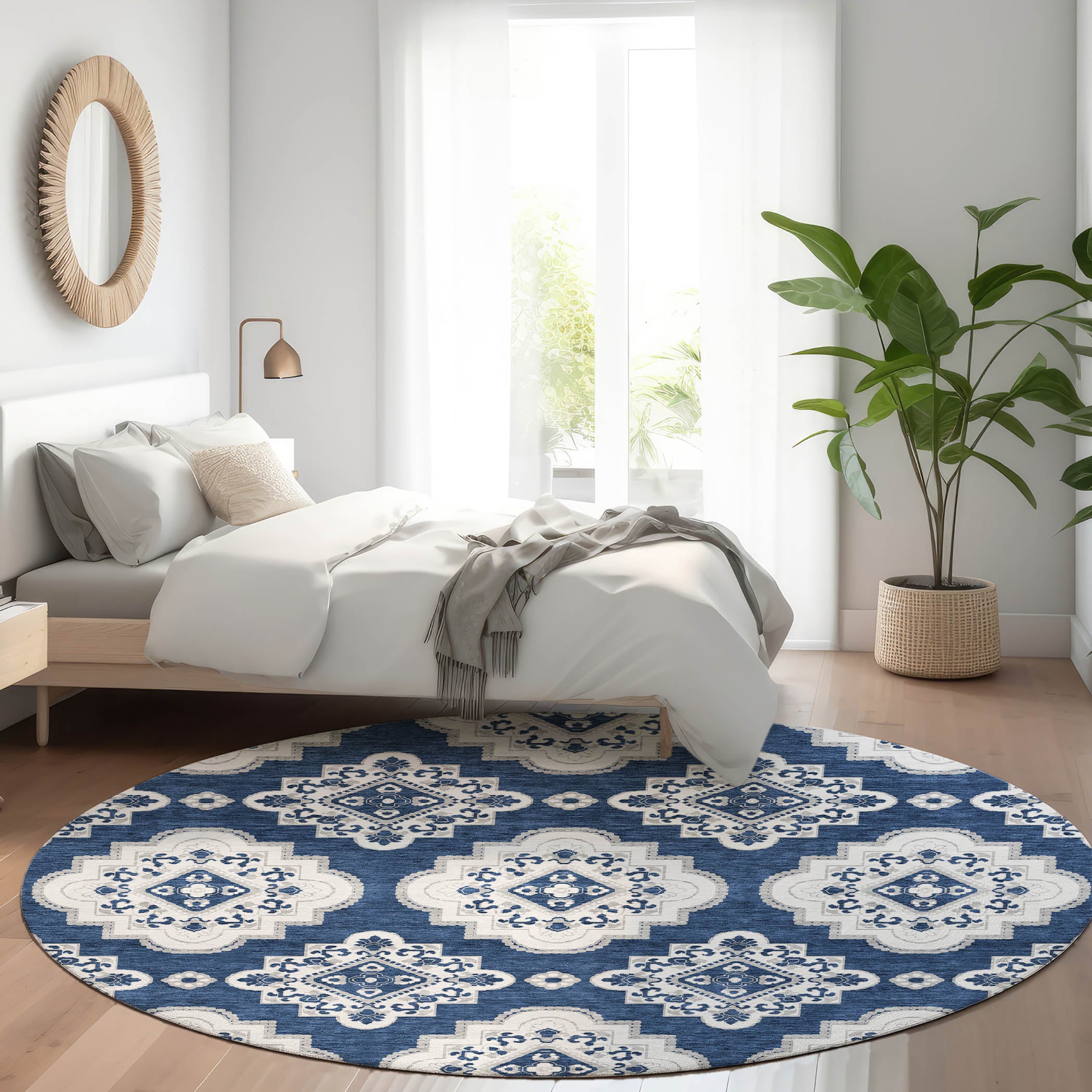 Vienna Machine Washable Transitional Navy Blue Rug 8' x 8' #shape_Round