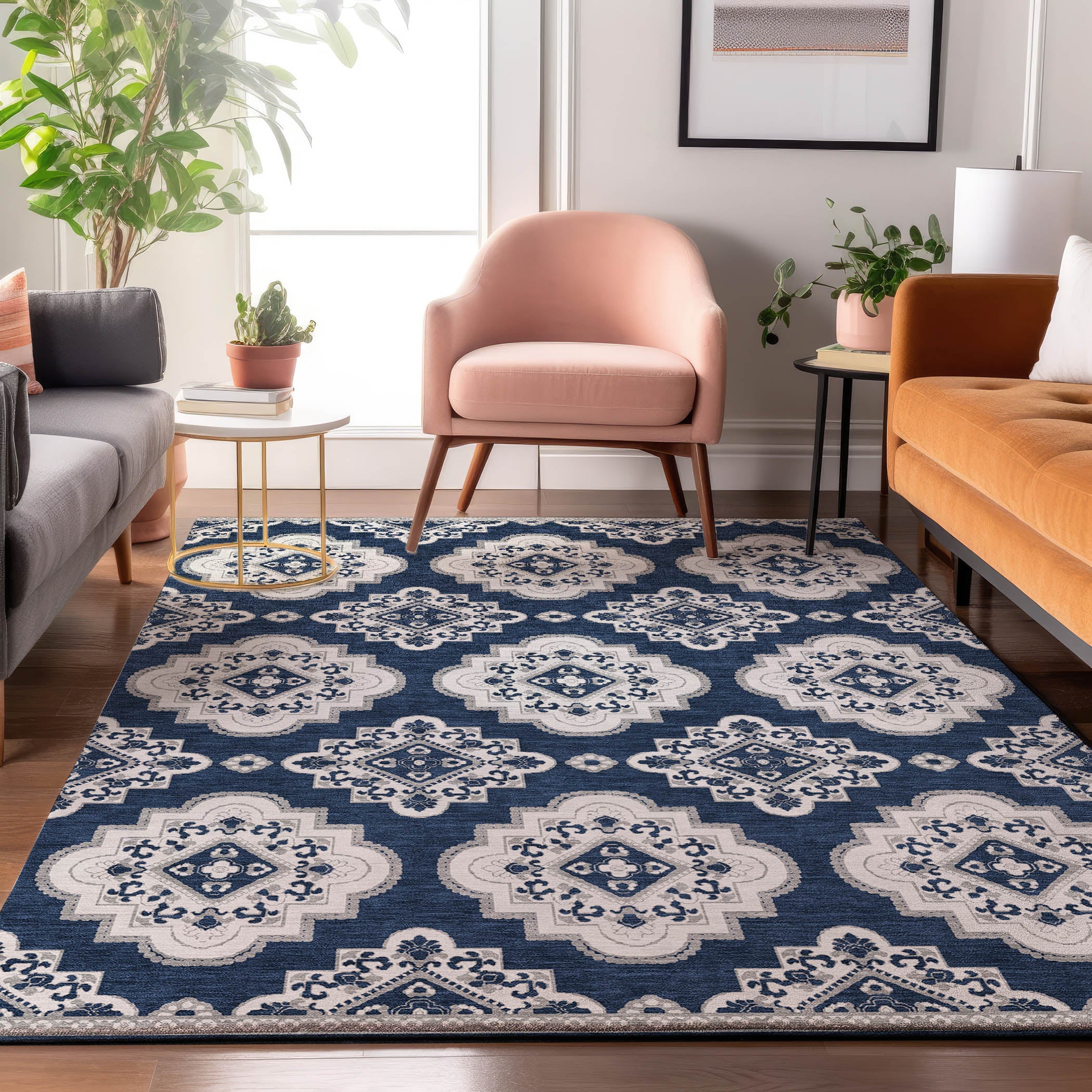 Vienna Machine Washable Transitional Navy Blue Rug 2'6" x 3'10" #shape_Rectangle