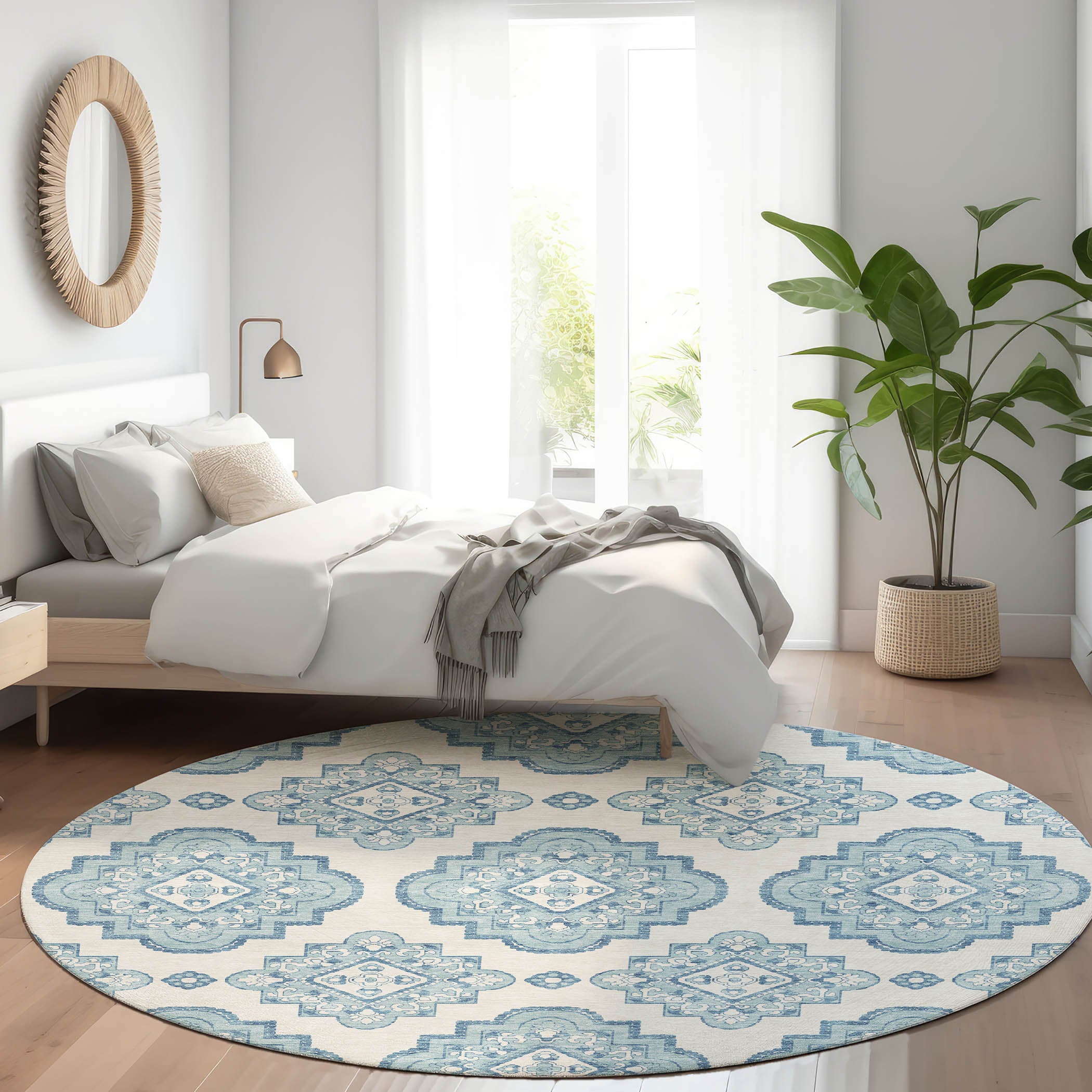 Vienna Machine Washable Transitional Teal Rug 8' x 8' #shape_Round