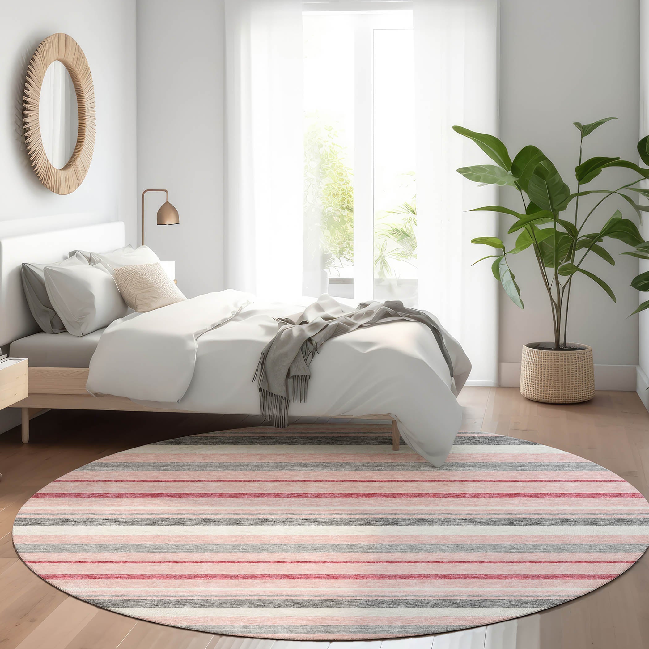Bangkok Machine Washable Transitional Pink Rug 8' x 8' #shape_Round