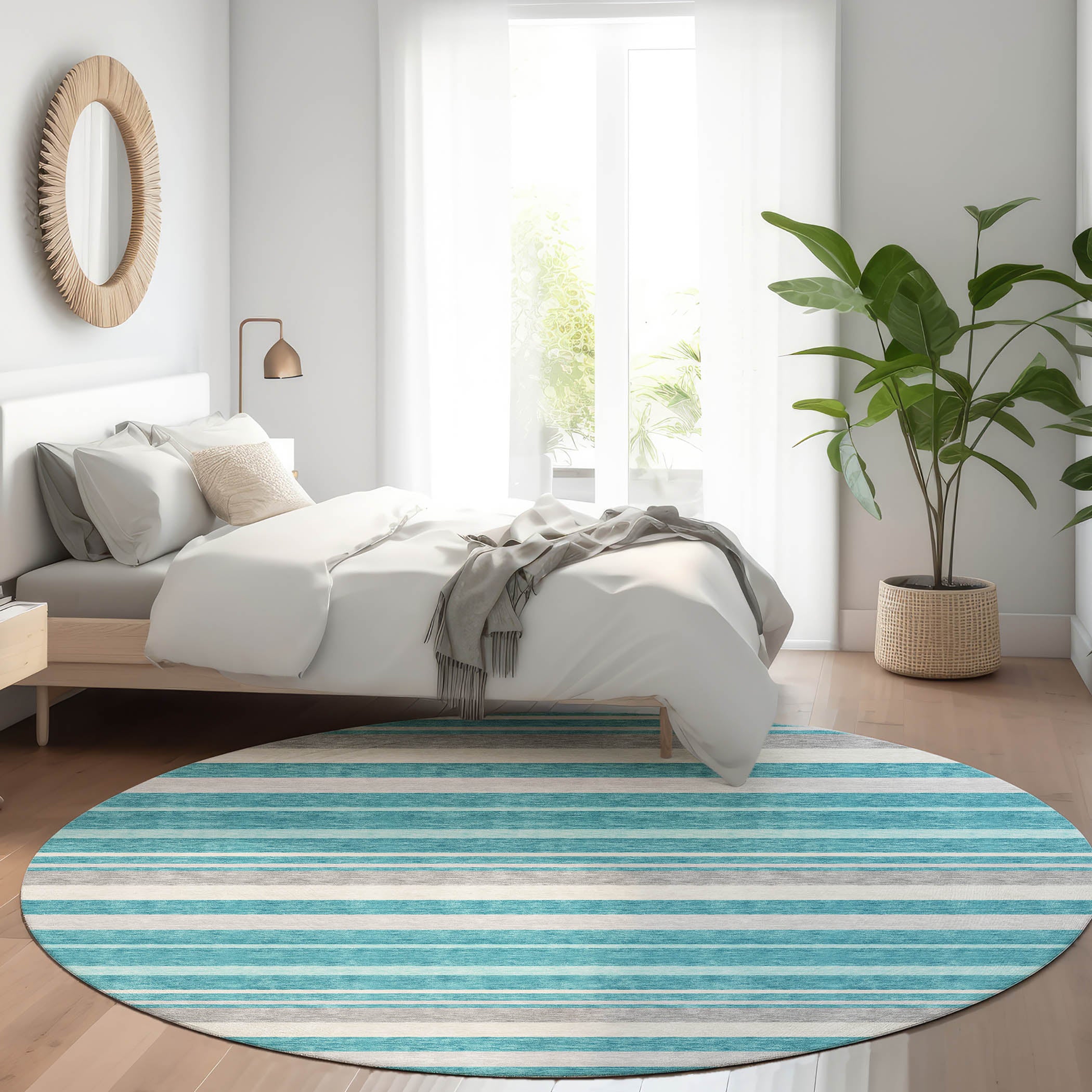 Bangkok Machine Washable Transitional Teal Rug 8' x 8' #shape_Round