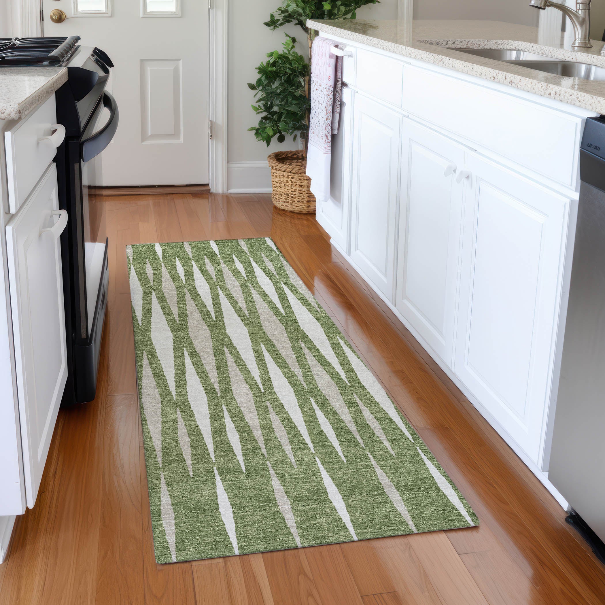 Zanzibar Machine Washable Transitional Green Rug 2'3" x 7'6" #shape_Runner