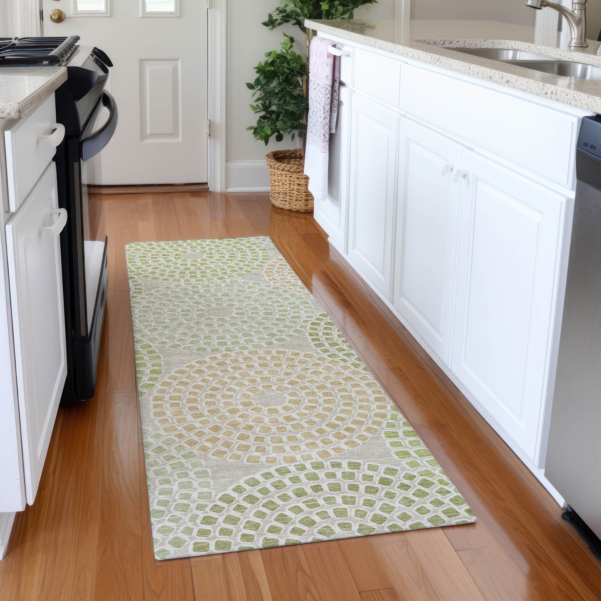 Colombo Machine Washable Transitional Aloe Green Rug 2'3" x 7'6" #shape_Runner