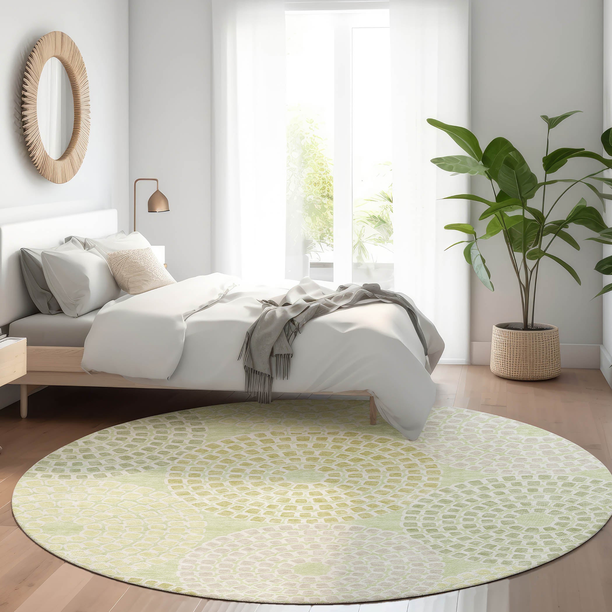 Colombo Machine Washable Transitional Mint Green Rug 8' x 8' #shape_Round