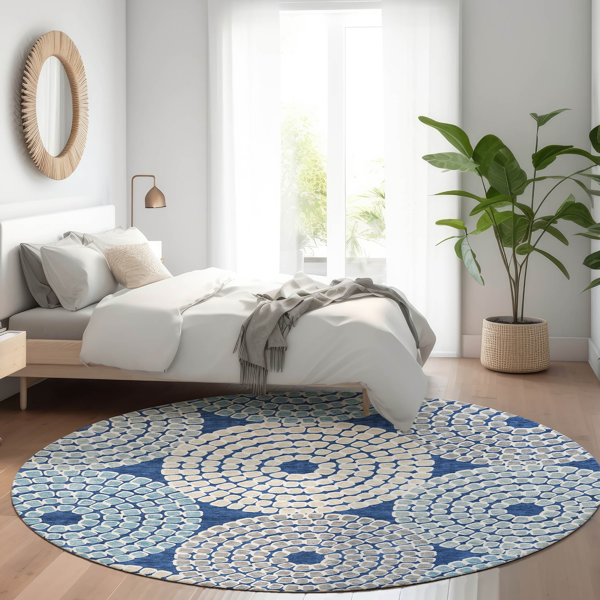 Colombo Machine Washable Transitional Navy Blue Rug 8' x 8' #shape_Round
