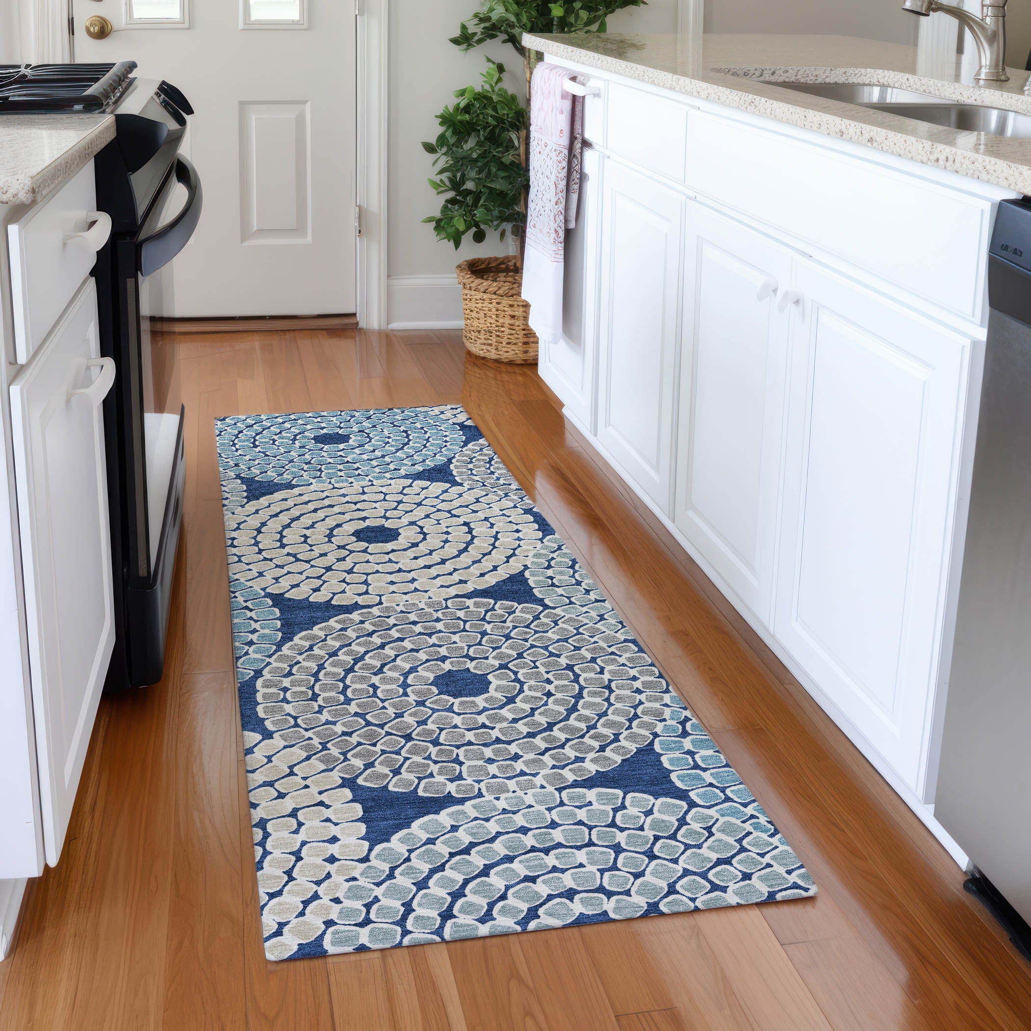 Colombo Machine Washable Transitional Navy Blue Rug 2'3" x 7'6" #shape_Runner