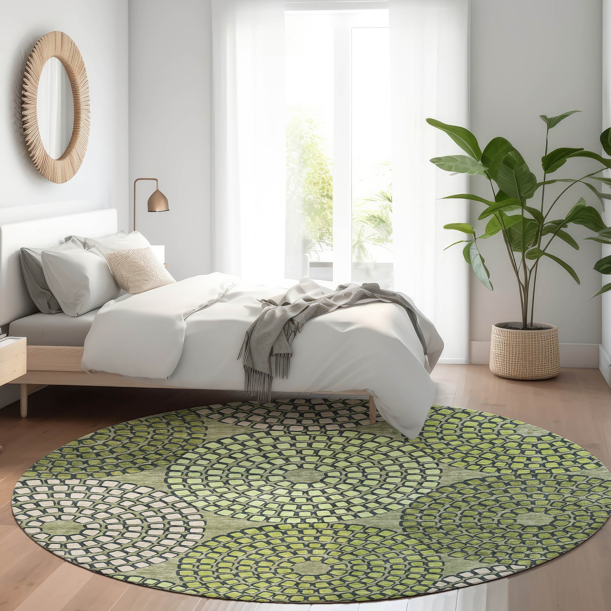 Colombo Machine Washable Transitional Olive Green Rug 8' x 8' #shape_Round
