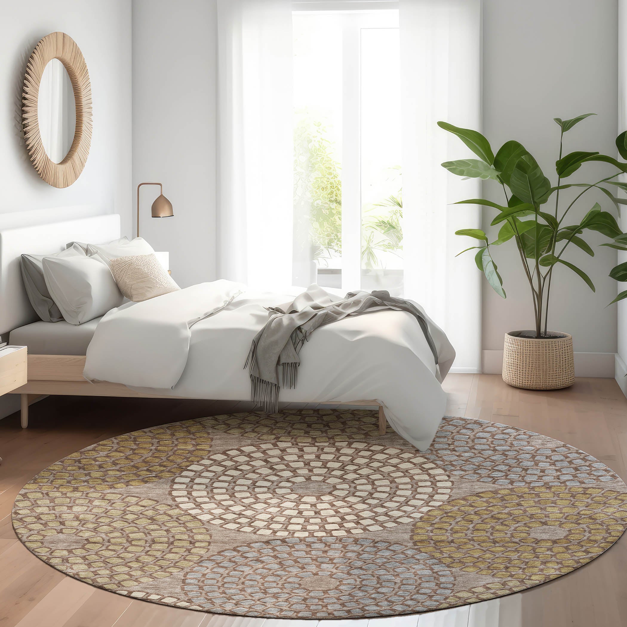 Colombo Machine Washable Transitional Taupe Brown Rug 8' x 8' #shape_Round