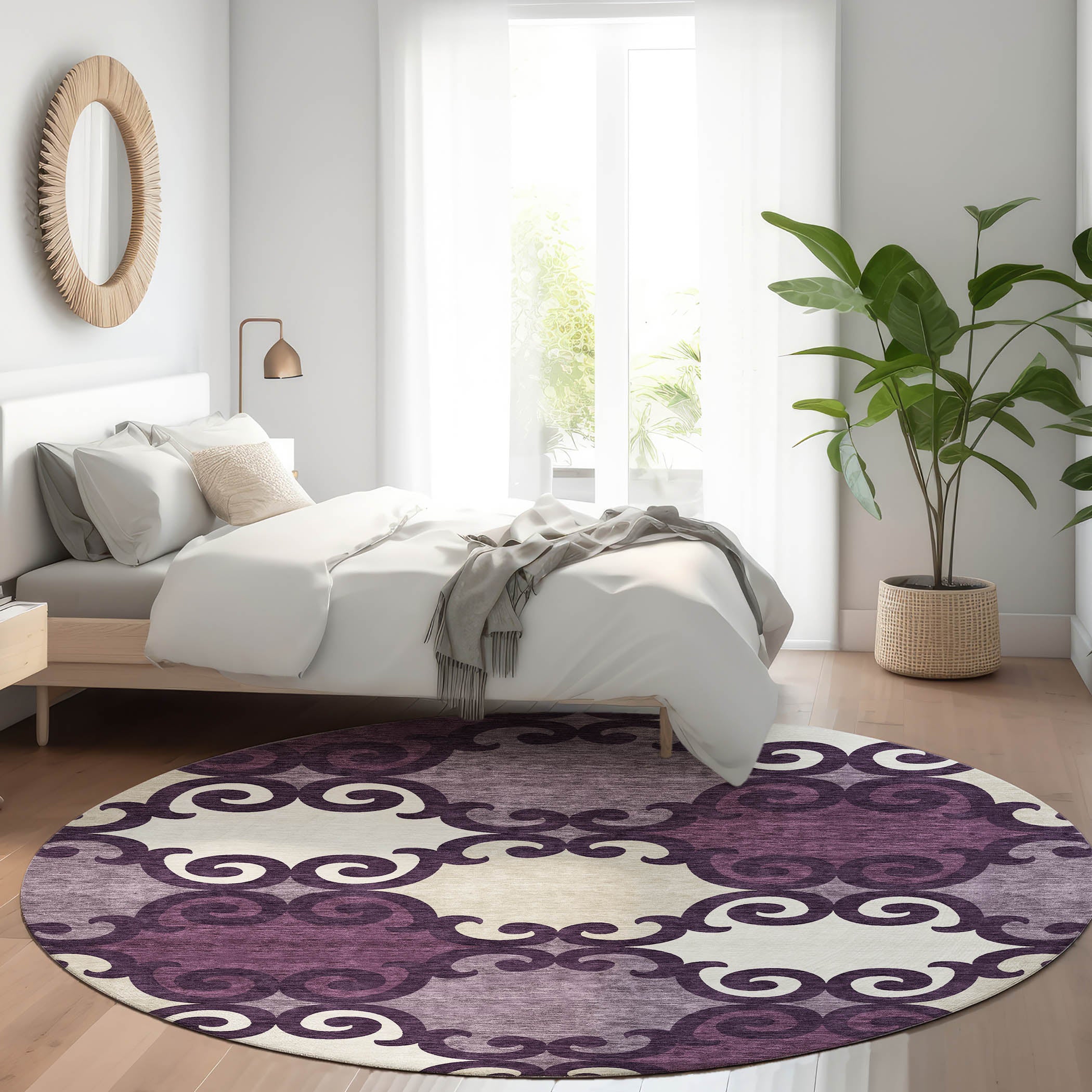 Nairobi Machine Washable Transitional Eggplant Purple Rug 8' x 8' #shape_Round