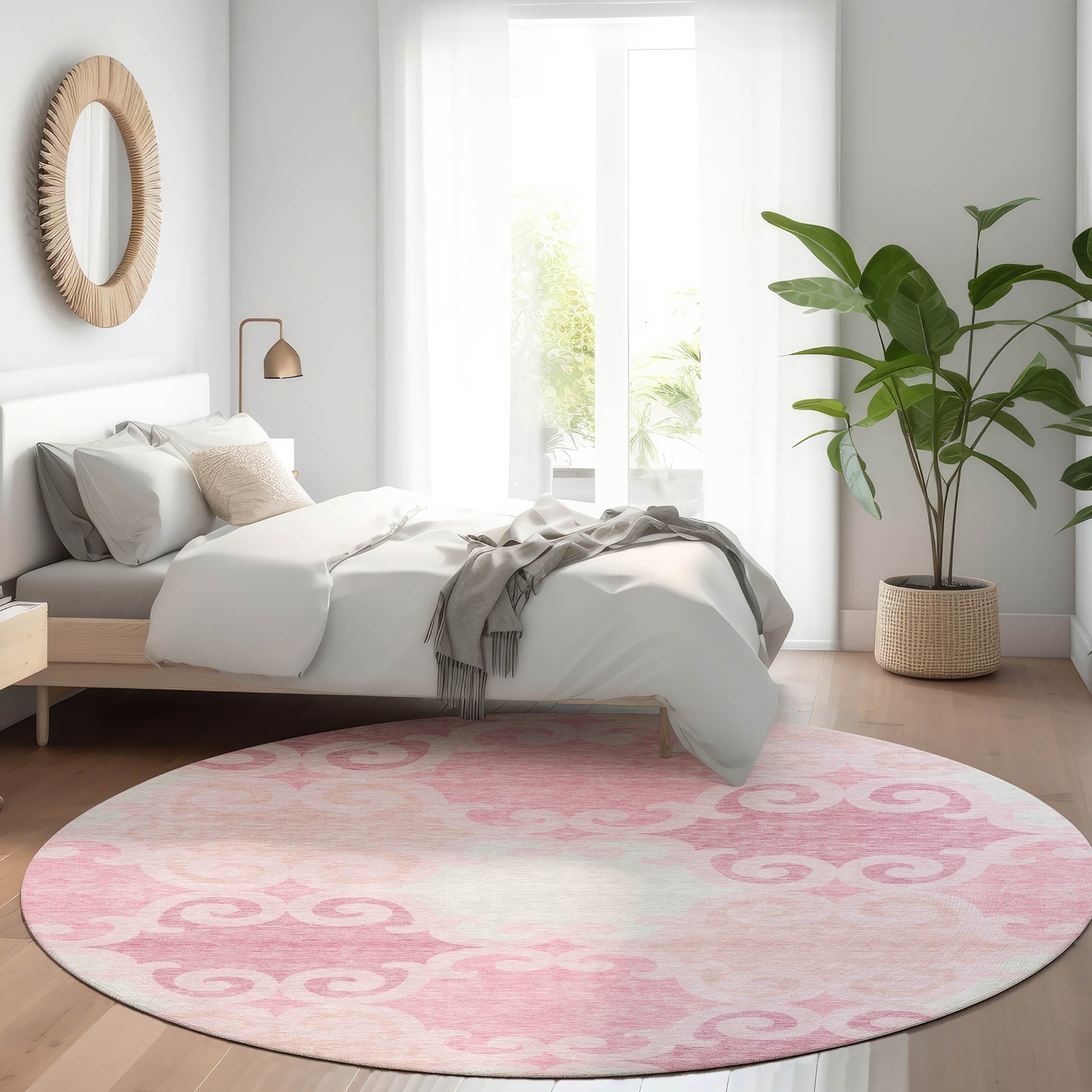 Nairobi Machine Washable Transitional Pink Rug 8' x 8' #shape_Round