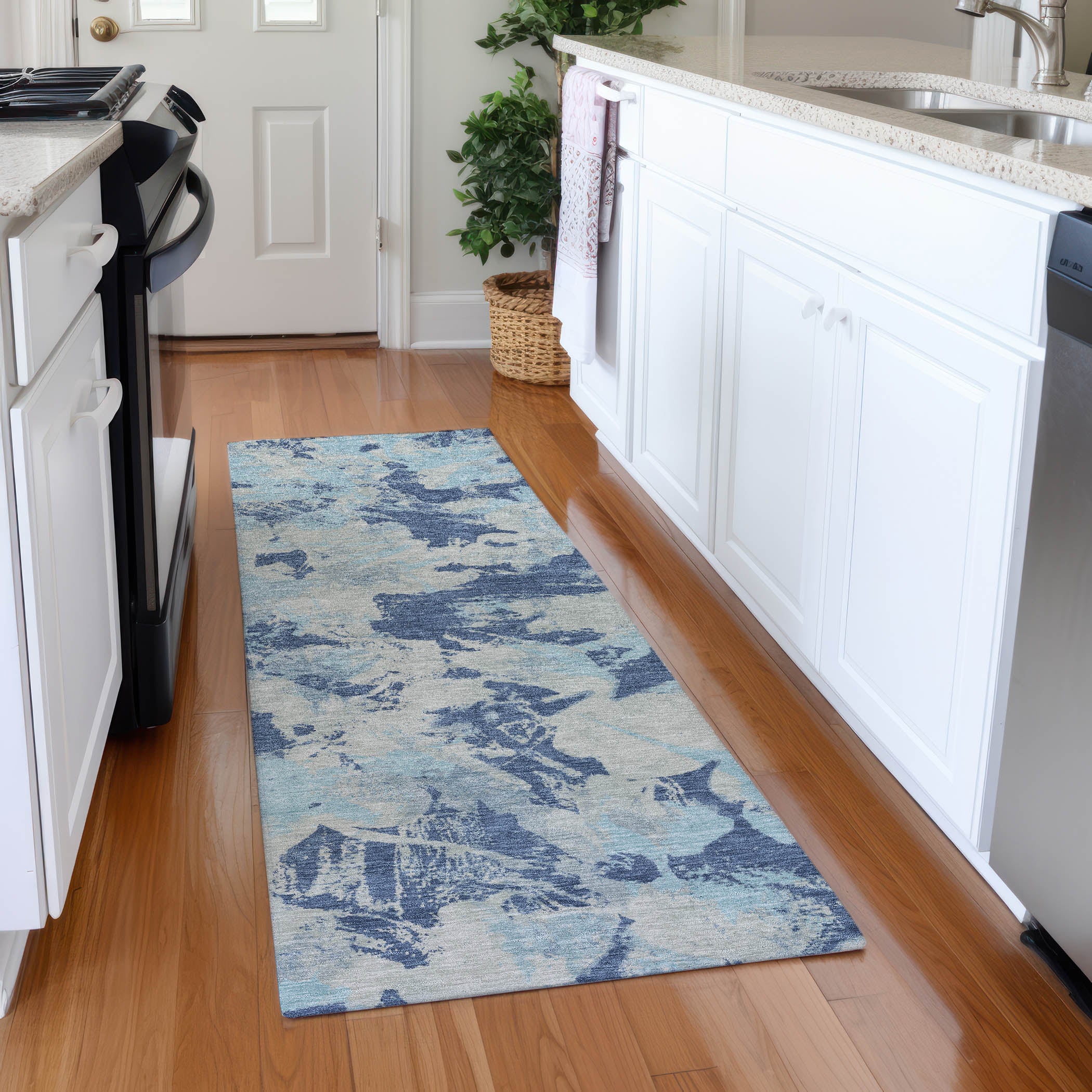 Bangkok Machine Washable Transitional Navy Blue Rug 2'3" x 7'6" #shape_Runner