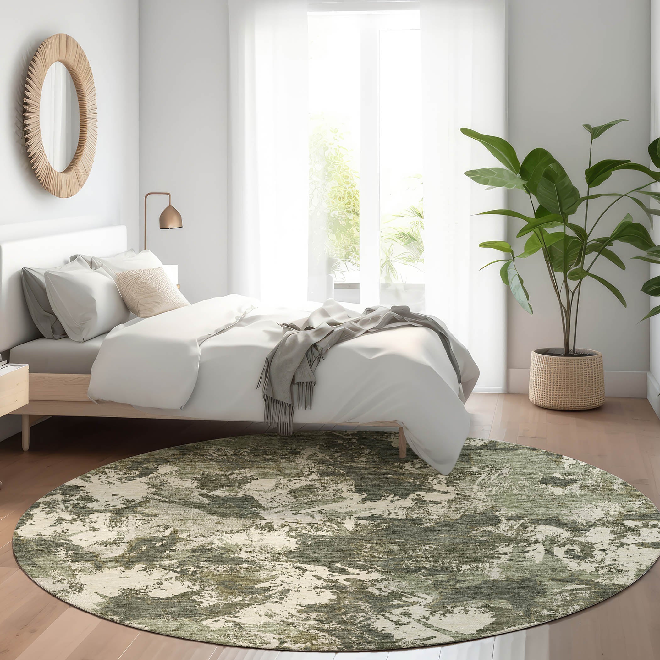 Bangkok Machine Washable Transitional Olive Green Rug 8' x 8' #shape_Round