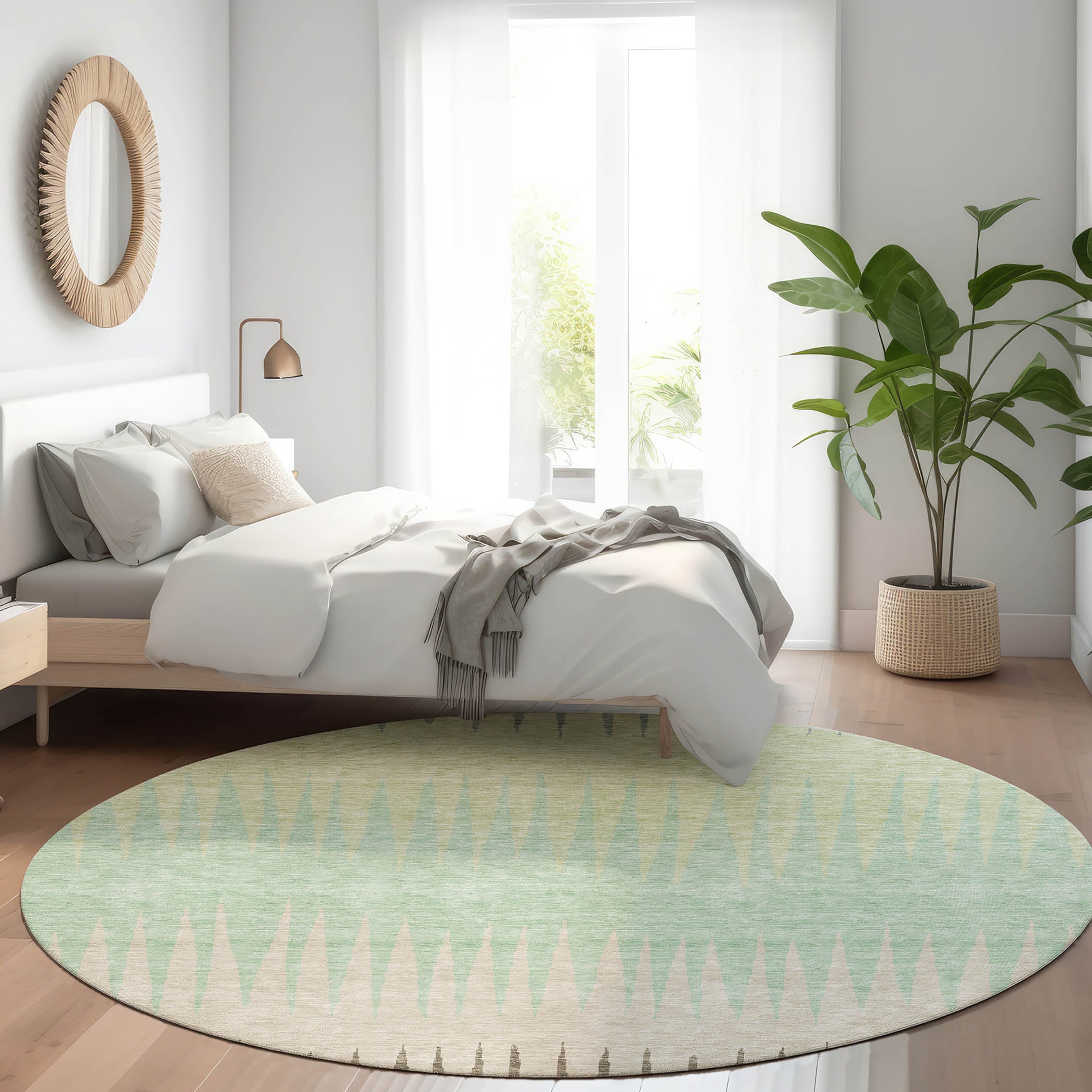 Oaxaca Machine Washable Transitional Aloe Green Rug 8' x 8' #shape_Round
