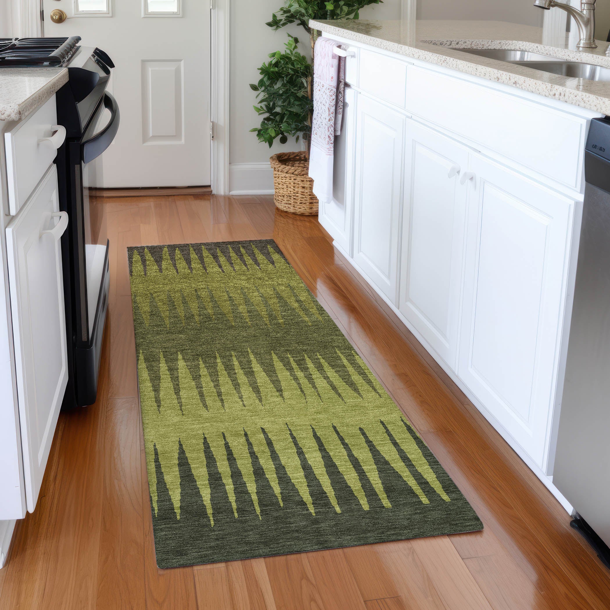 Oaxaca Machine Washable Transitional Olive Green Rug 2'3" x 7'6" #shape_Runner