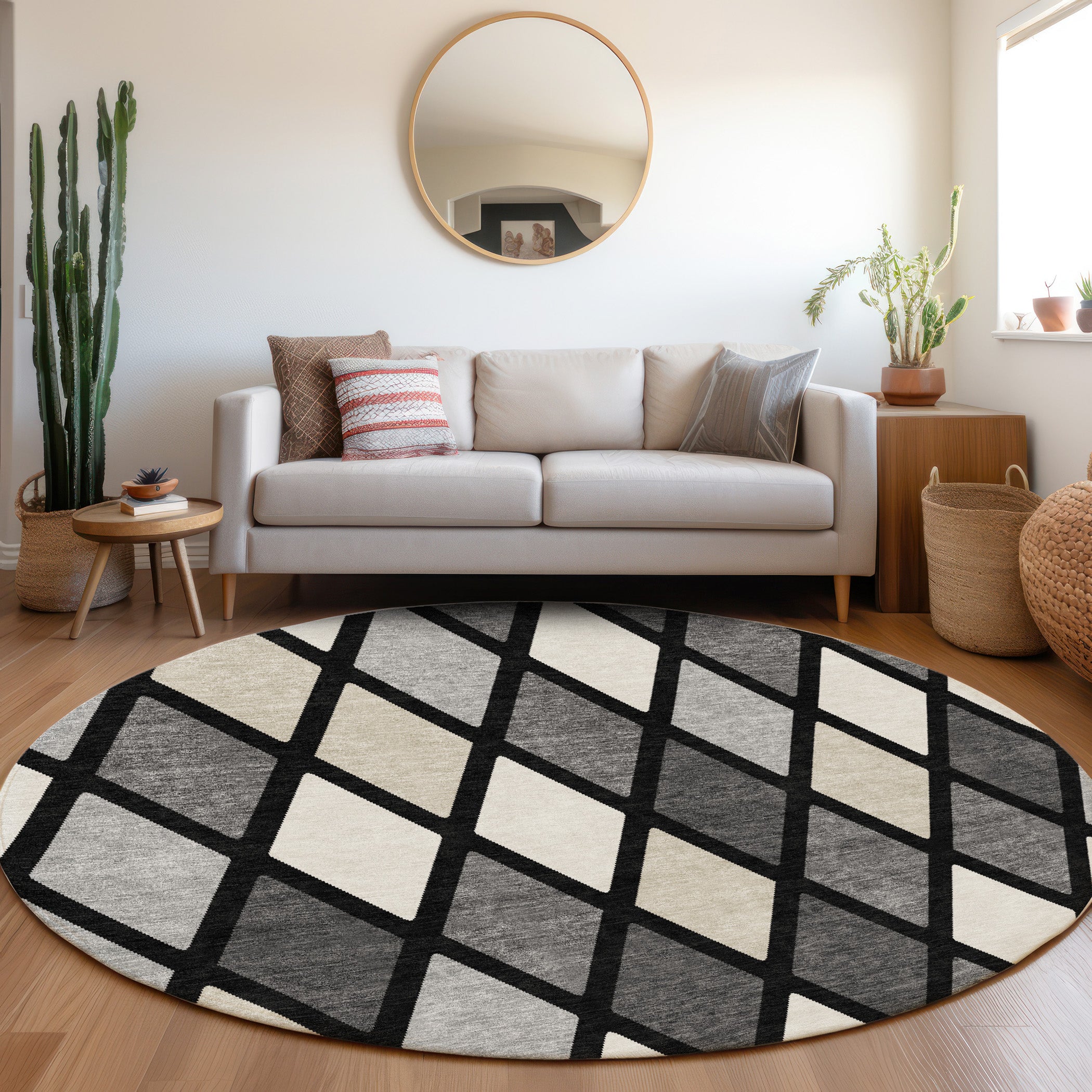 Queenstown Machine Washable Transitional Black Rug 8' x 8' #shape_Round