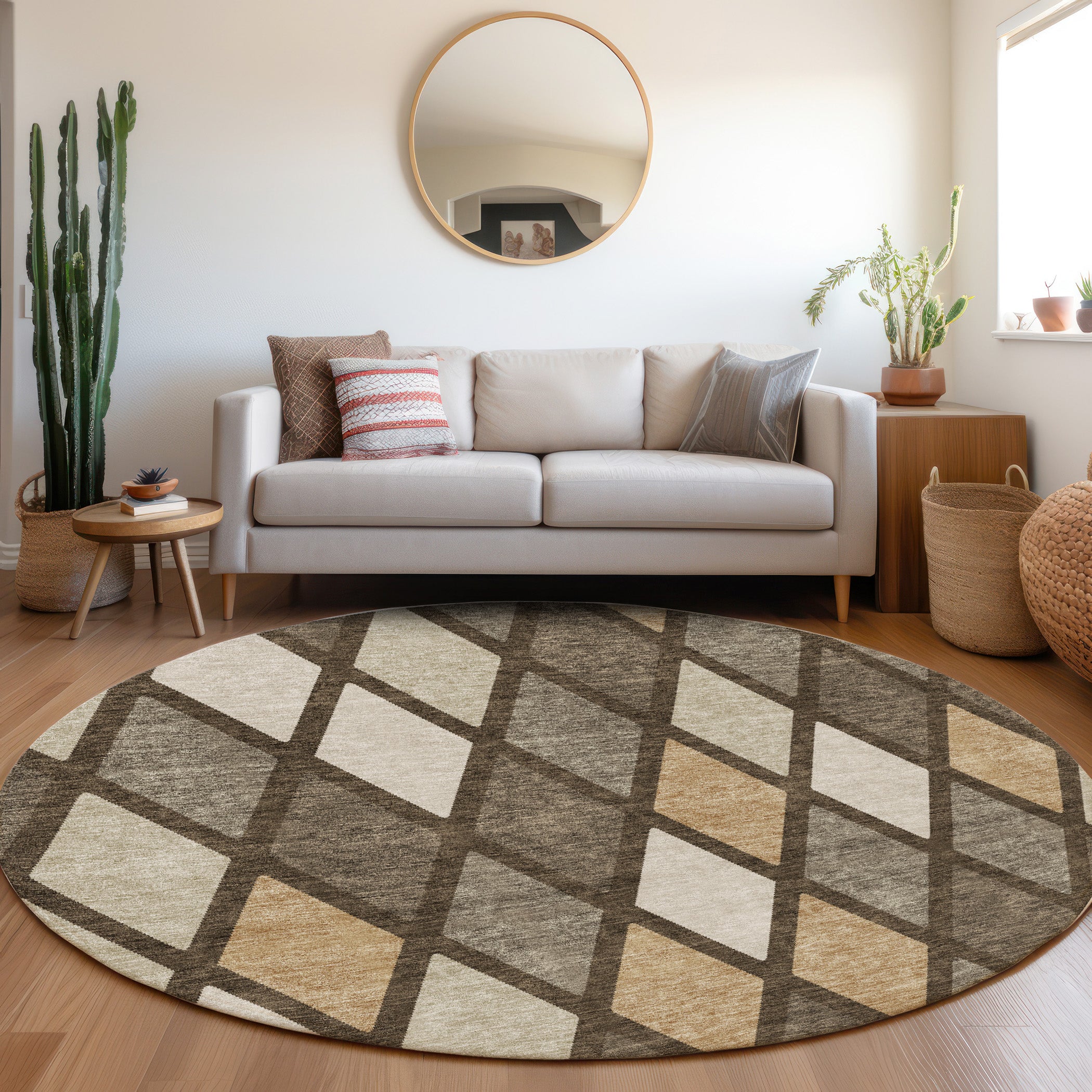 Queenstown Machine Washable Transitional Brown Rug 8' x 8' #shape_Round